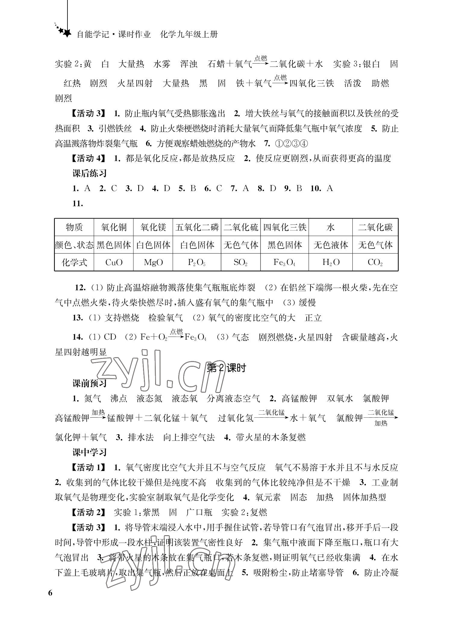2022年自能學記課時作業九年級化學上冊人教版 參考答案第6頁