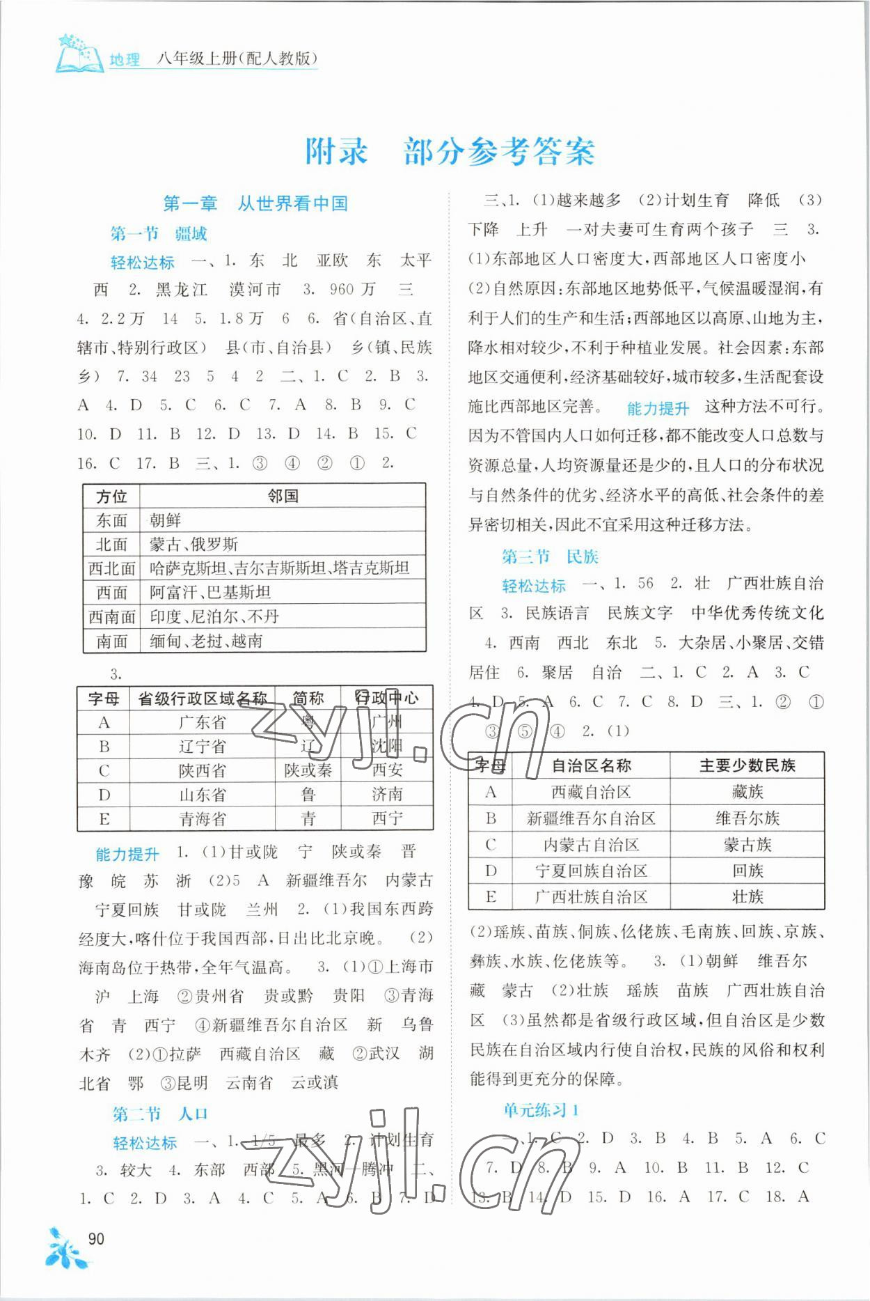 2022年自主学习能力测评八年级地理上册人教版 参考答案第1页