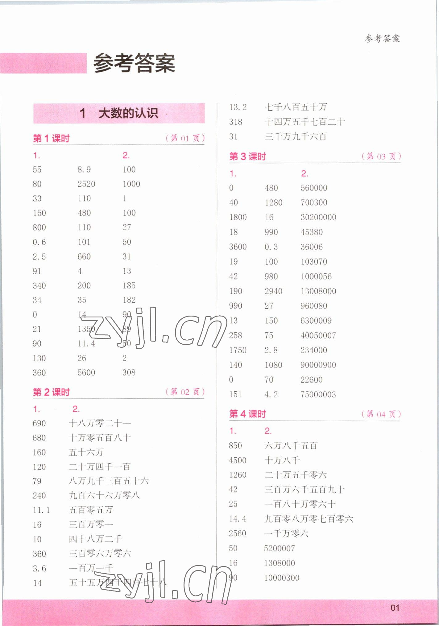 2022年口算小状元口算速算天天练四年级数学上册人教版 第1页