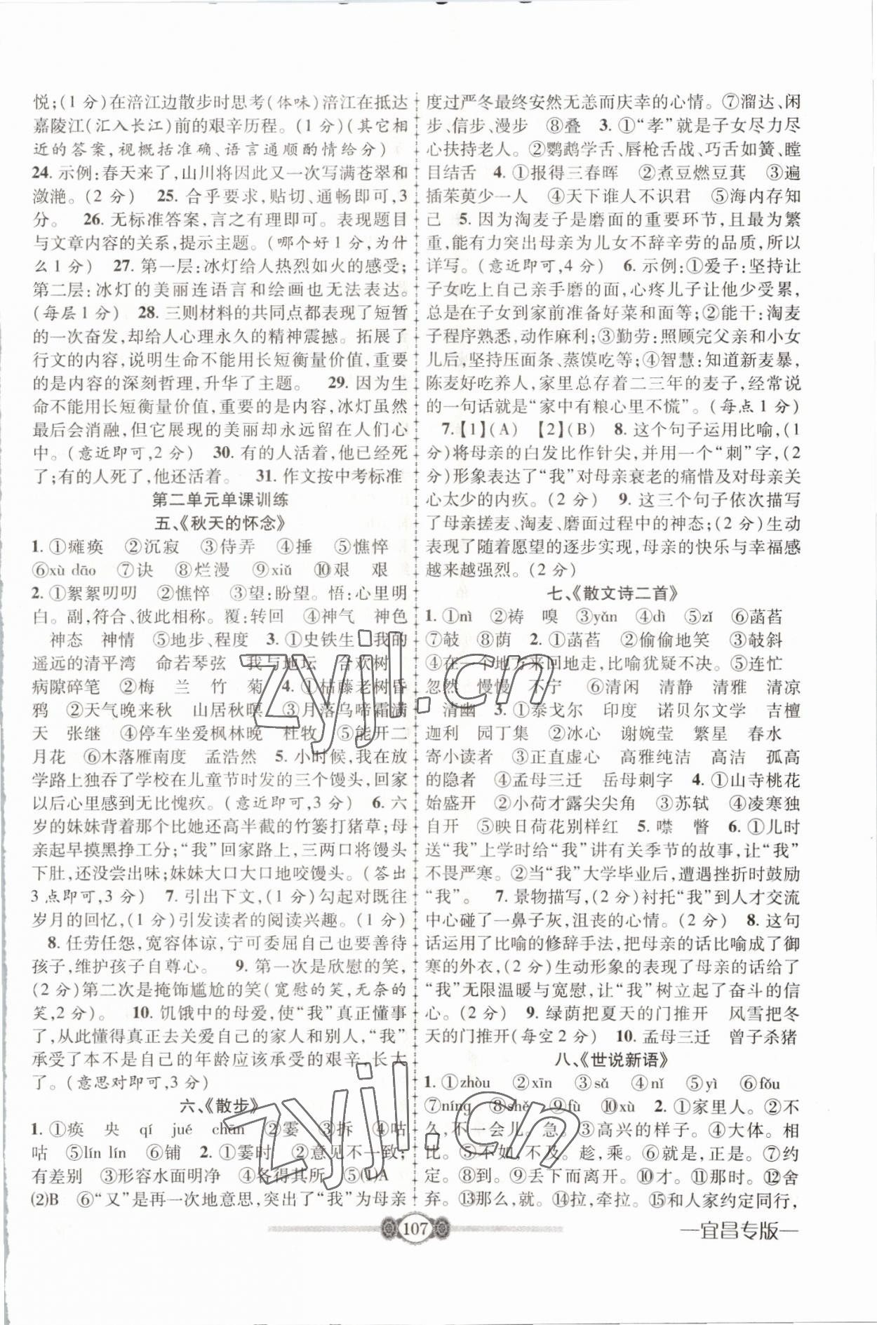 2022年金榜名卷必刷卷七年級語文上冊人教版宜昌專版 參考答案第3頁