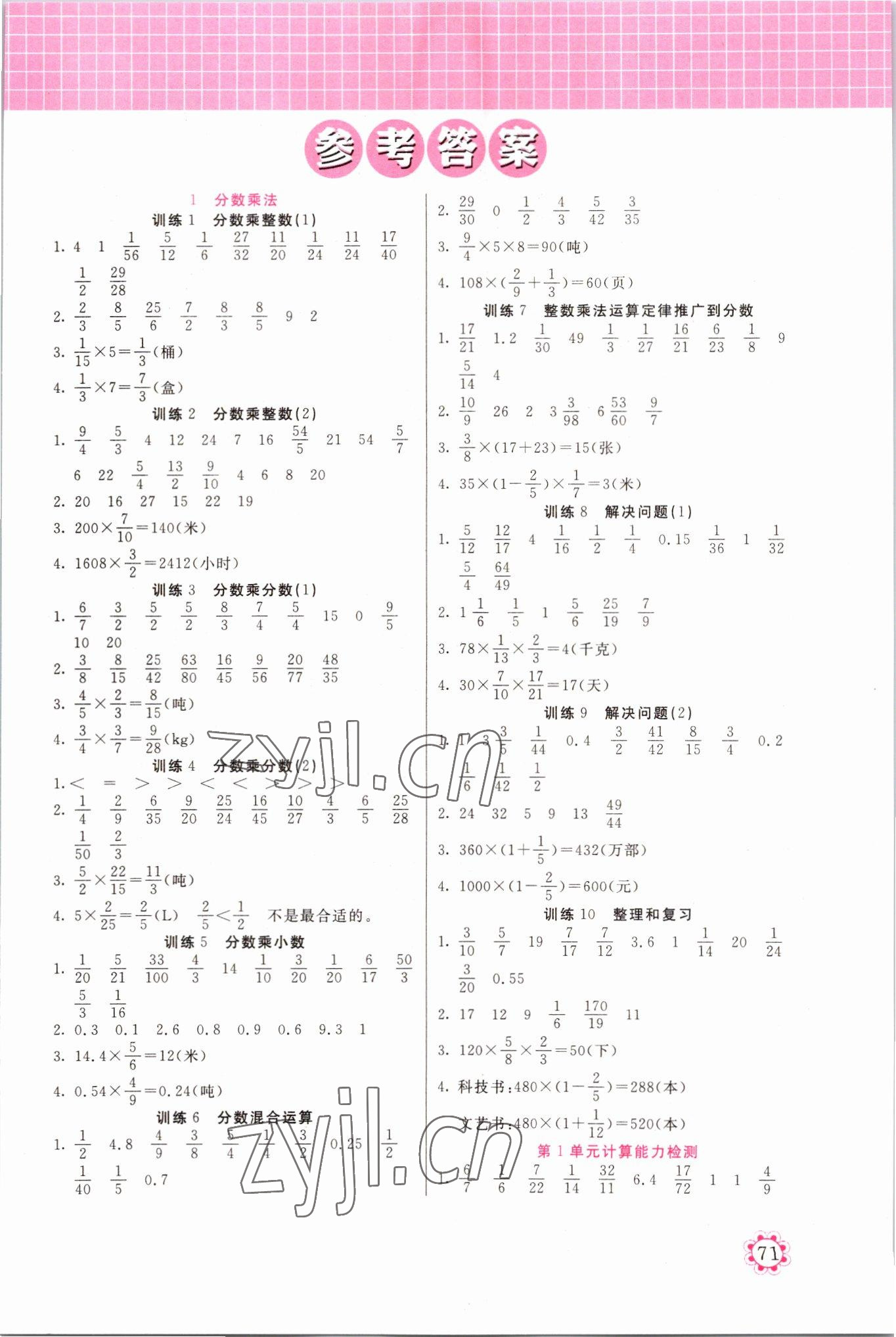 2022年培優(yōu)口算題卡六年級數(shù)學(xué)上冊人教版 第1頁