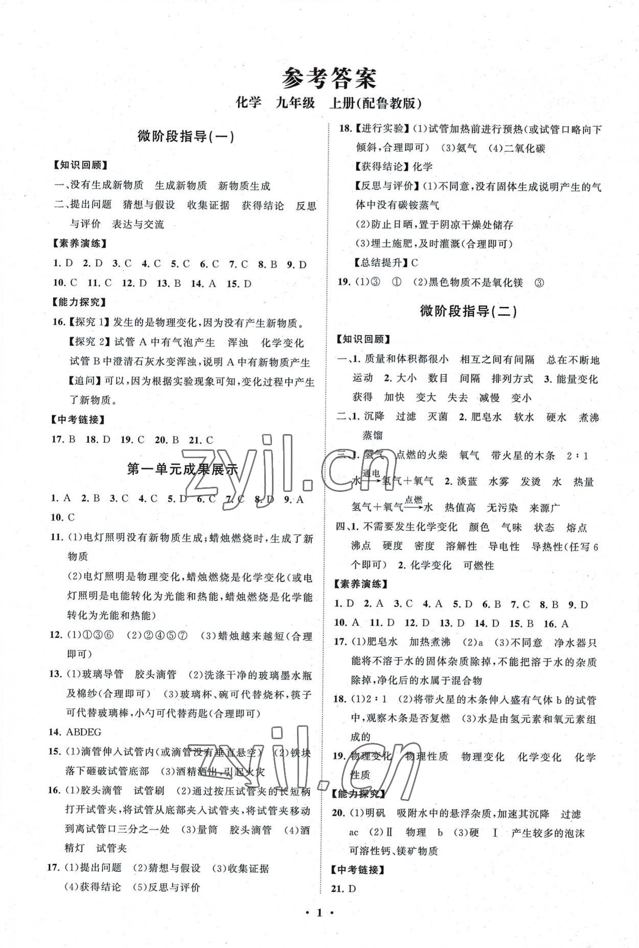 2022年同步練習(xí)冊(cè)分層卷九年級(jí)化學(xué)上冊(cè)魯教版 第1頁(yè)