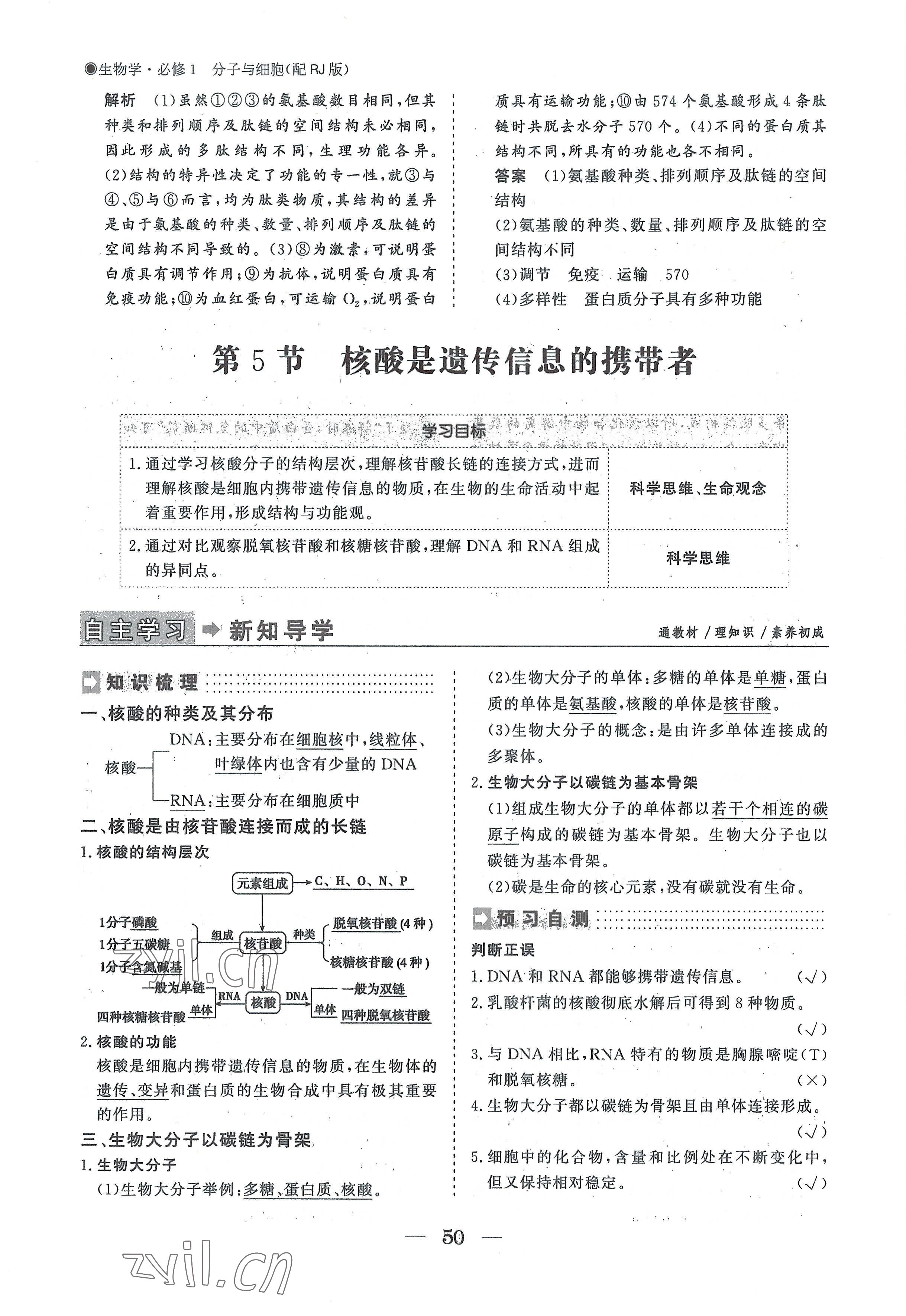 2022年高中導學測控優(yōu)化設計方案高中生物必修1人教版 參考答案第50頁