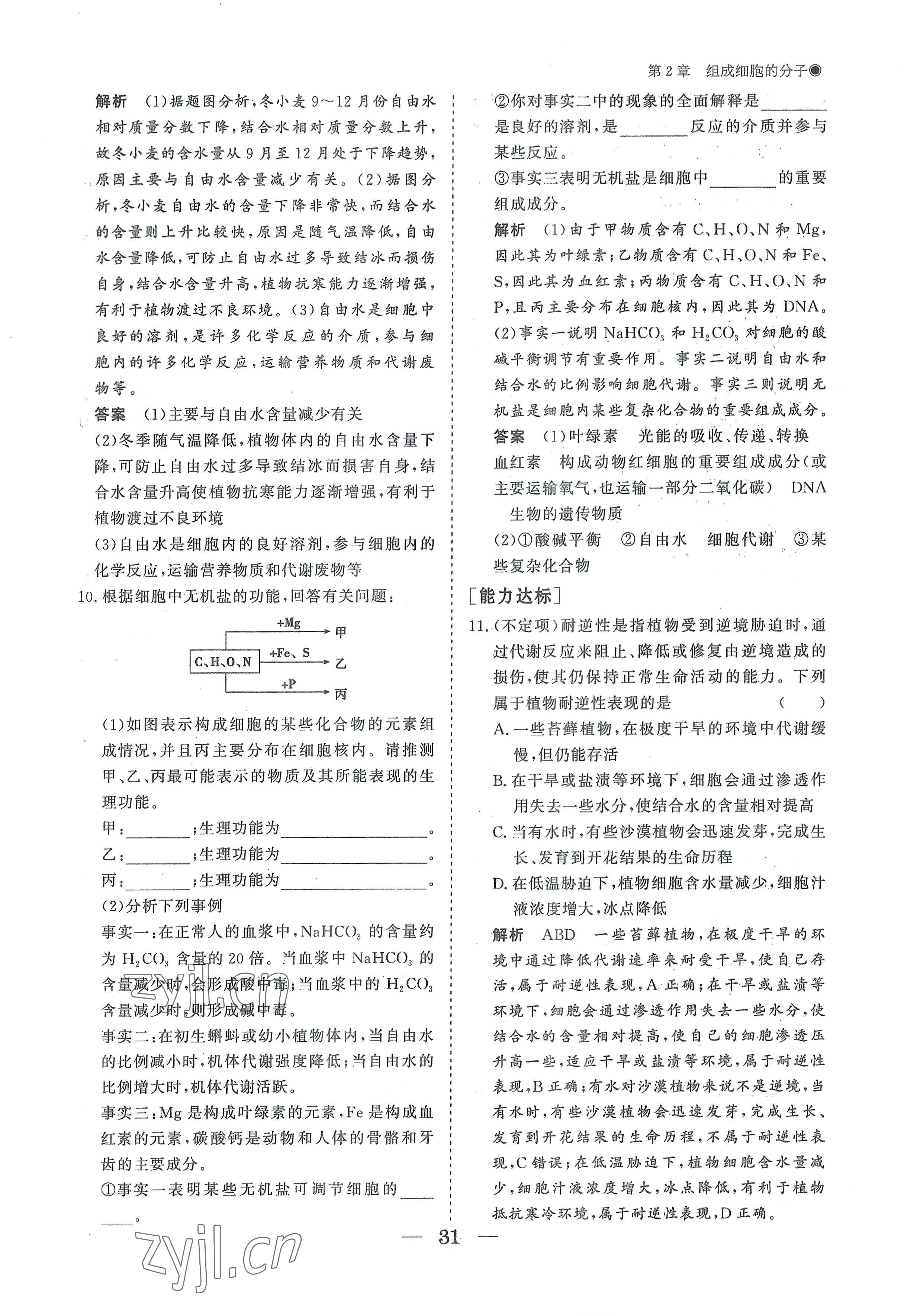 2022年高中導(dǎo)學(xué)測控優(yōu)化設(shè)計(jì)方案高中生物必修1人教版 參考答案第31頁