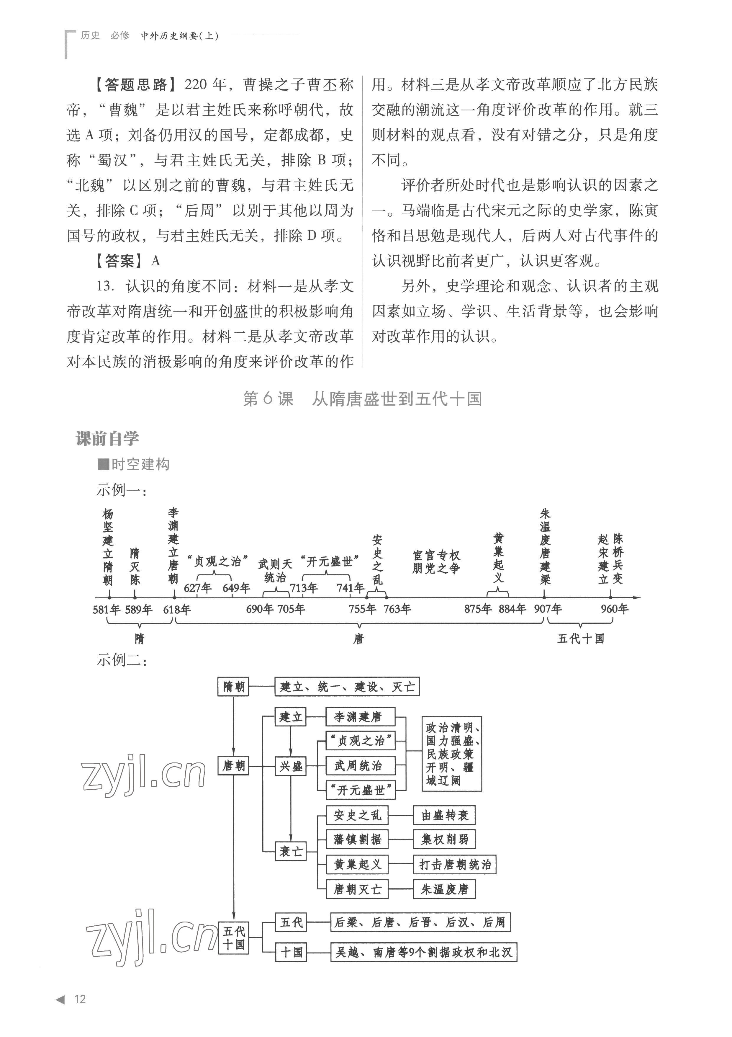 2022年普通高中新课程同步练习册高中历史必修上册人教版 参考答案第12页