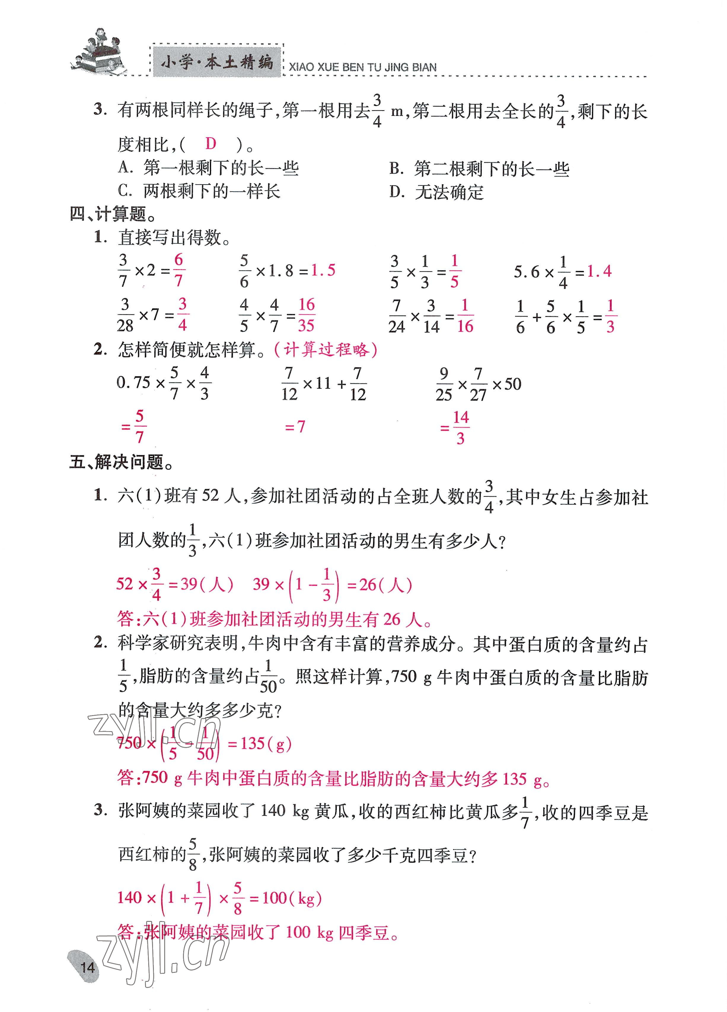 2022年本土精編六年級(jí)數(shù)學(xué)上冊(cè)人教版 參考答案第14頁(yè)