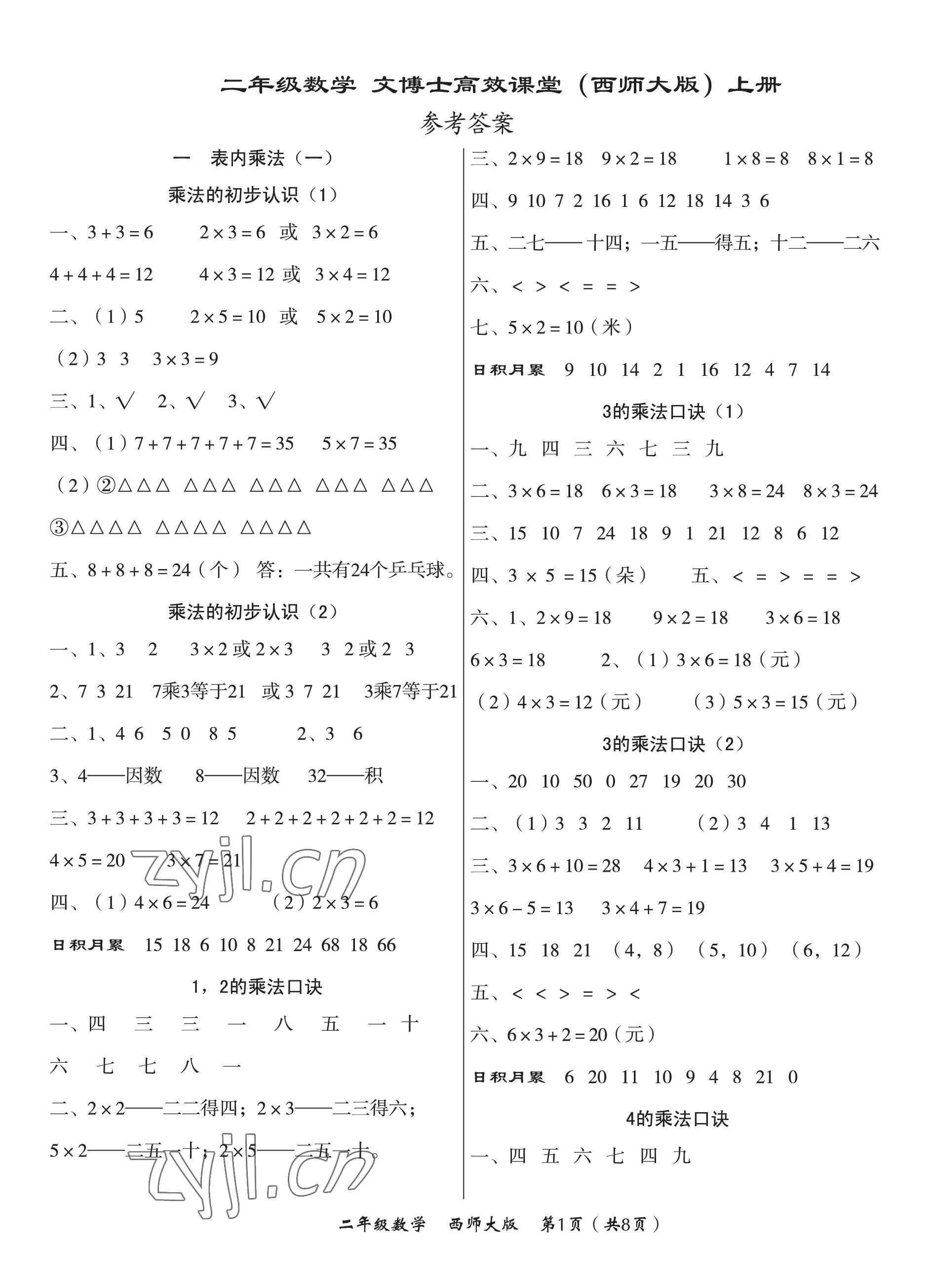 2022年文博士高效課堂二年級數(shù)學(xué)上冊西師大版 第1頁