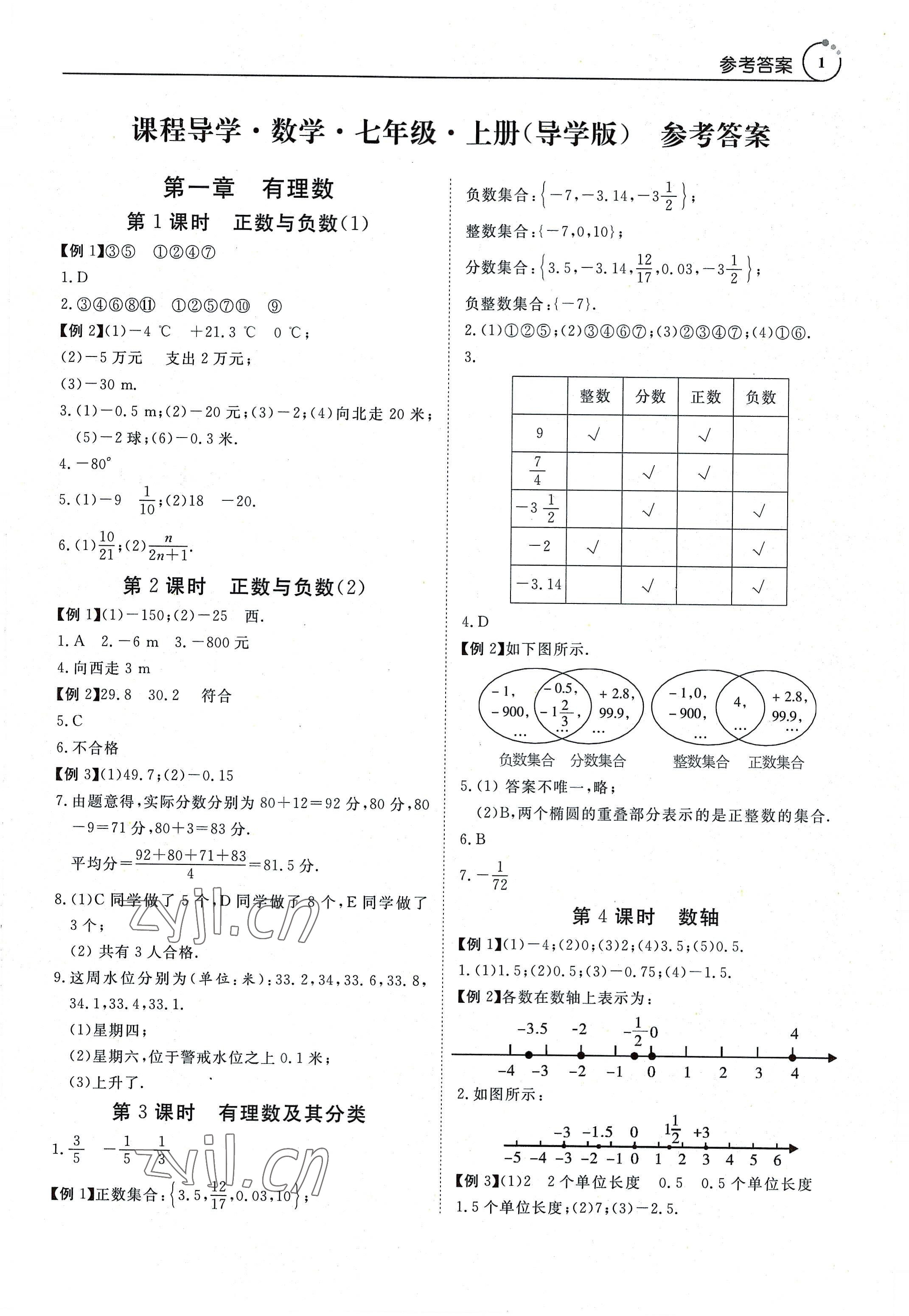 2022年课程导学导学版七年级数学上册人教版 参考答案第1页