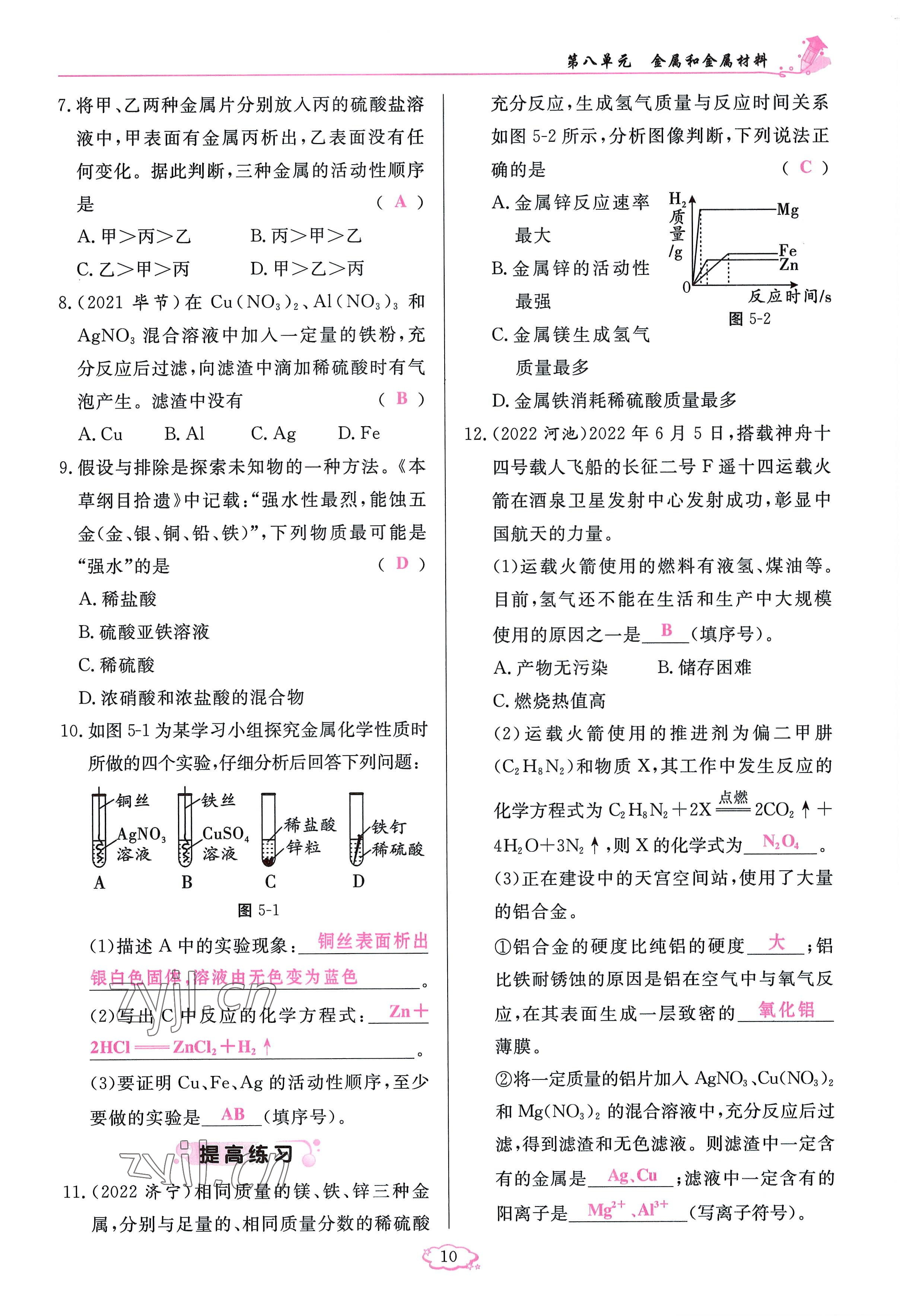 2023年启航新课堂九年级化学下册人教版 参考答案第10页