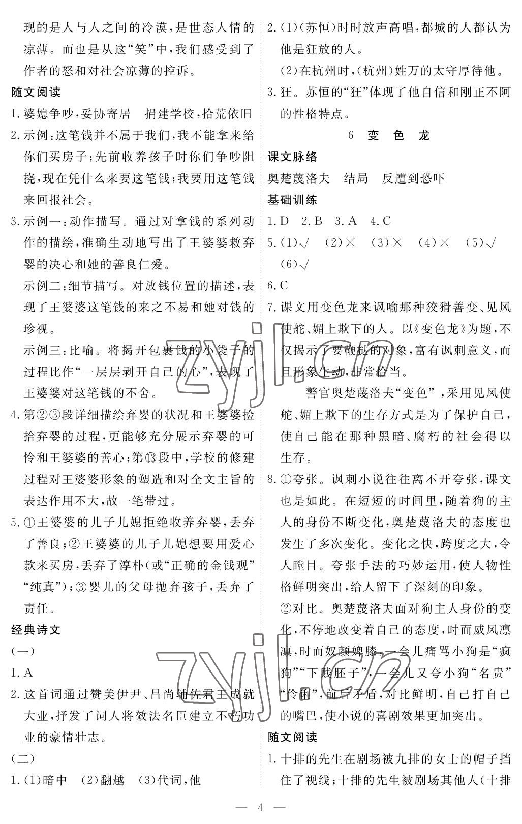 2023年一課一練創(chuàng)新練習九年級語文下冊人教版 參考答案第4頁