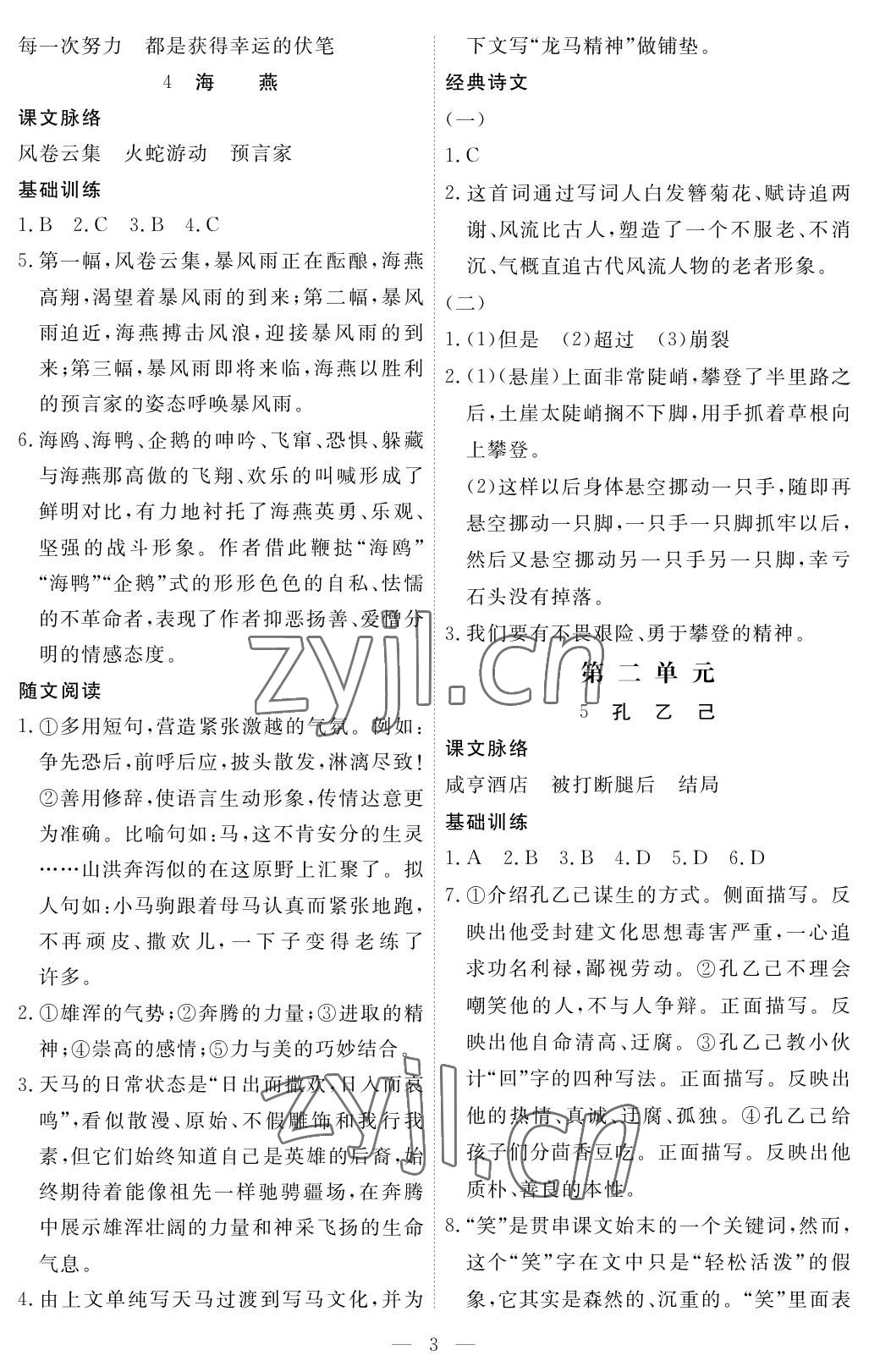 2023年一课一练创新练习九年级语文下册人教版 参考答案第3页