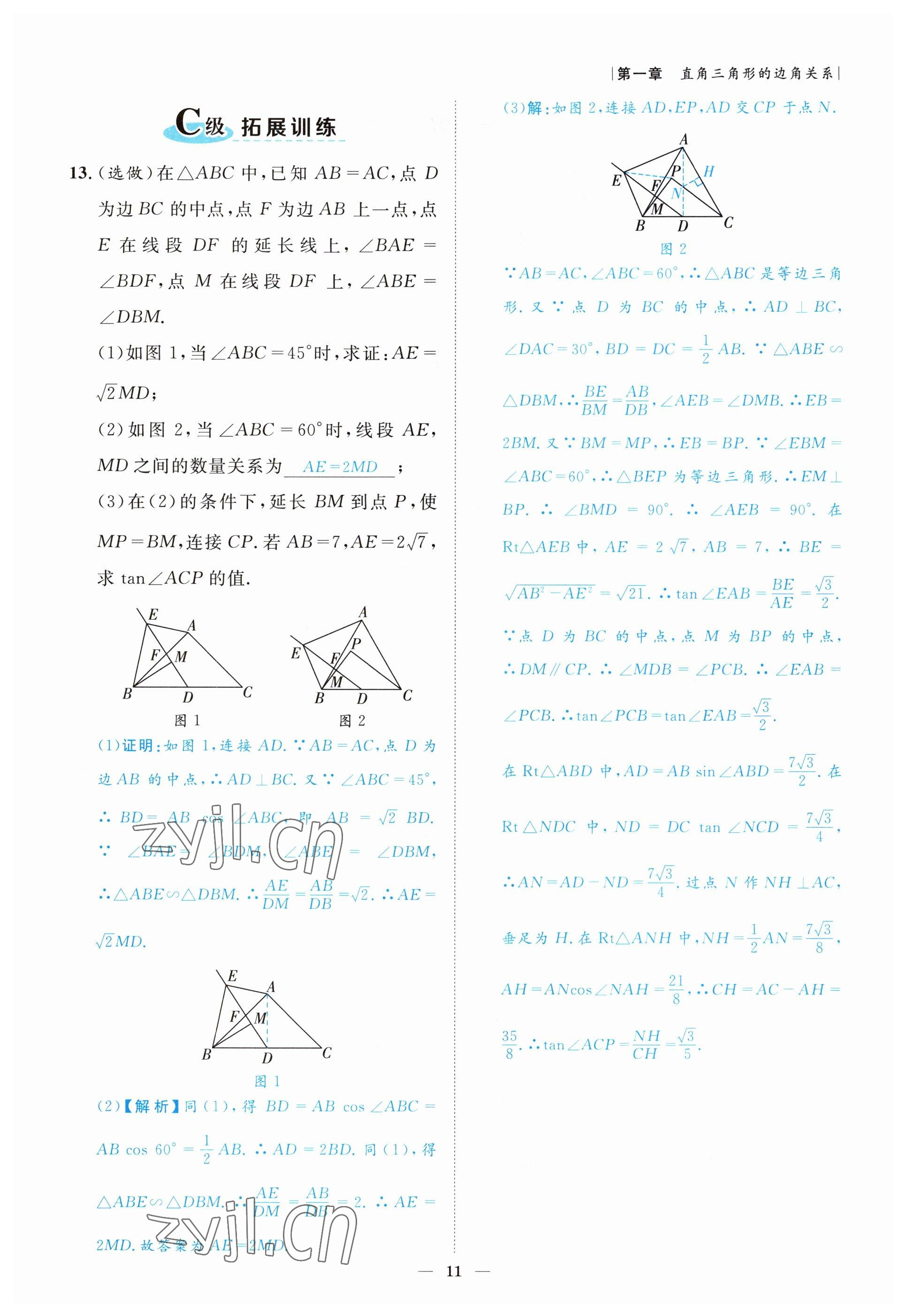 2022年課外培優(yōu)分層訓(xùn)練初數(shù)一號(hào)九年級(jí)數(shù)學(xué)下冊(cè)北師大版 參考答案第11頁(yè)