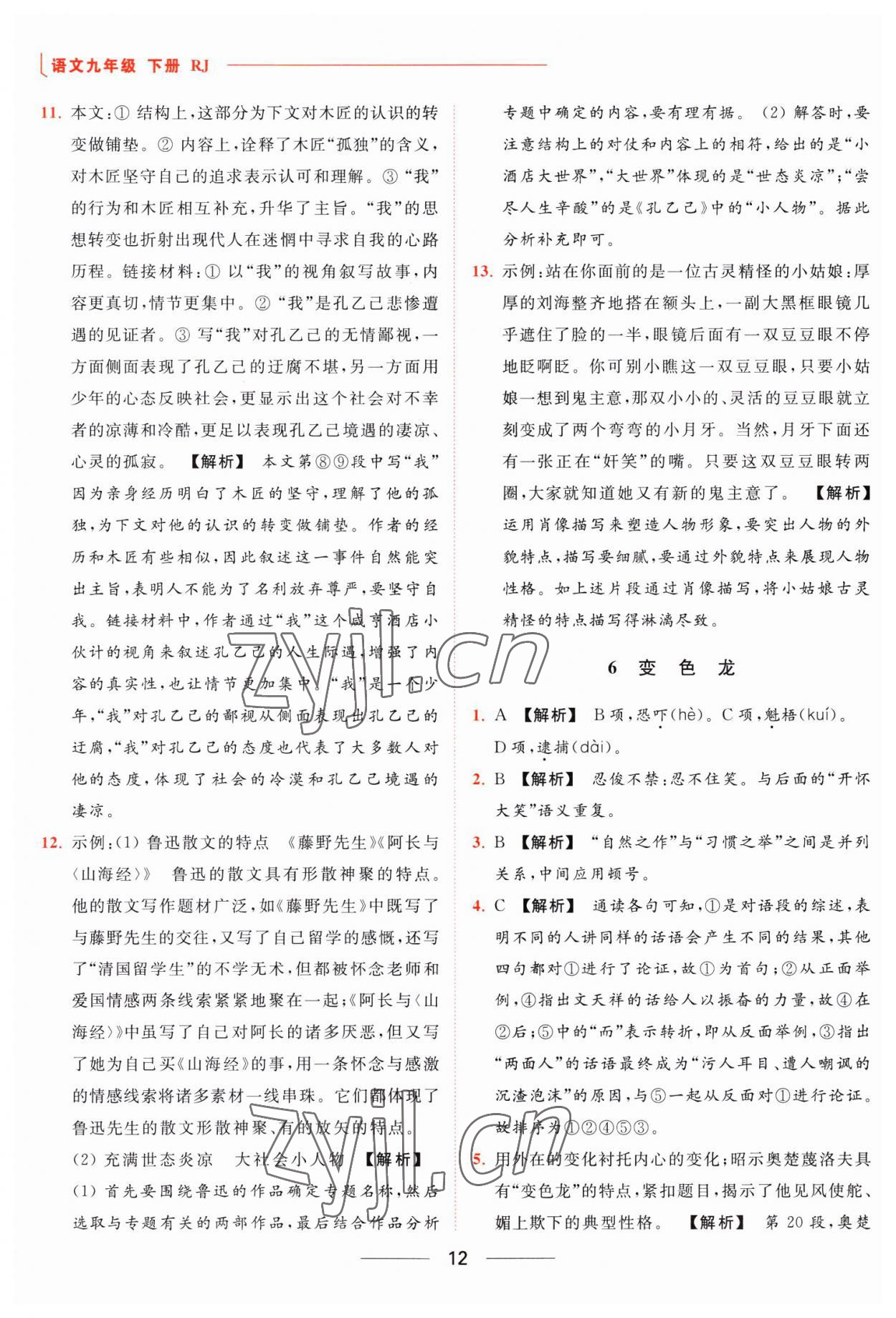 2023年亮點給力提優(yōu)課時作業(yè)本九年級語文下冊人教版 參考答案第12頁