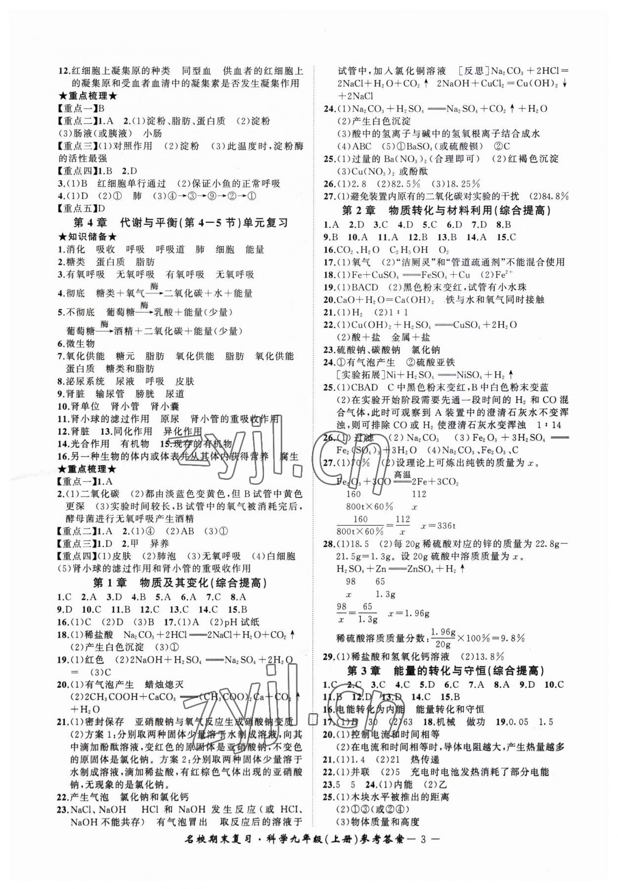 2022年名校期末复习宝典九年级科学上册浙教版 参考答案第3页