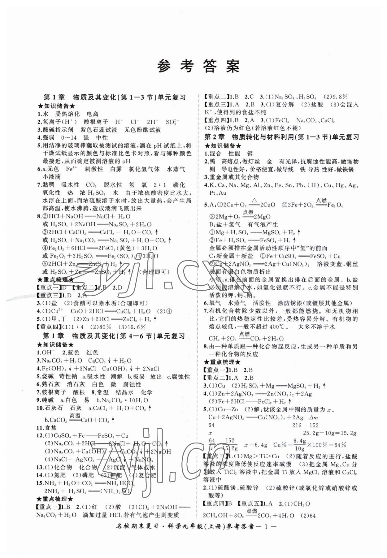 2022年名校期末复习宝典九年级科学上册浙教版 参考答案第1页