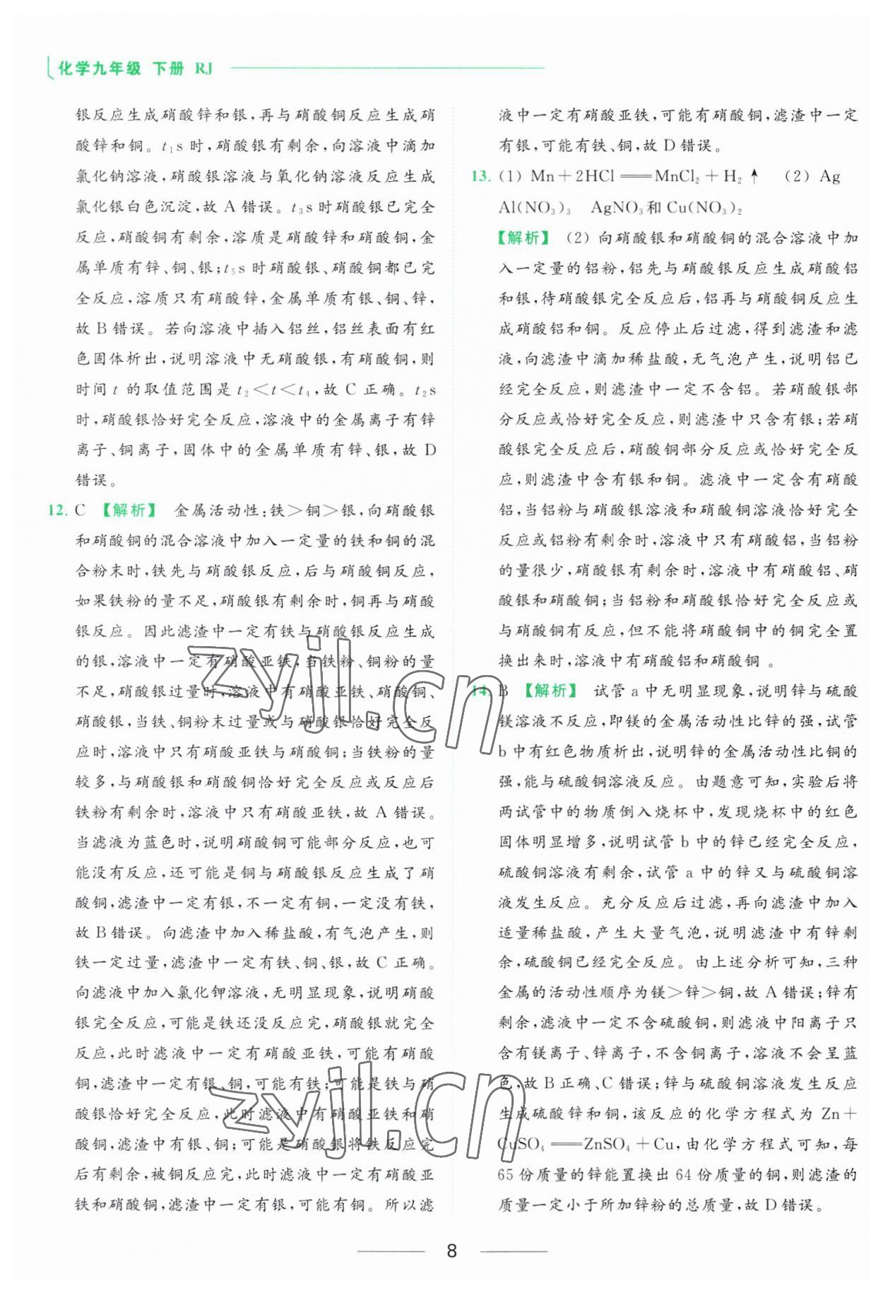 2023年亮點給力提優(yōu)課時作業(yè)本九年級化學(xué)下冊人教版 參考答案第8頁