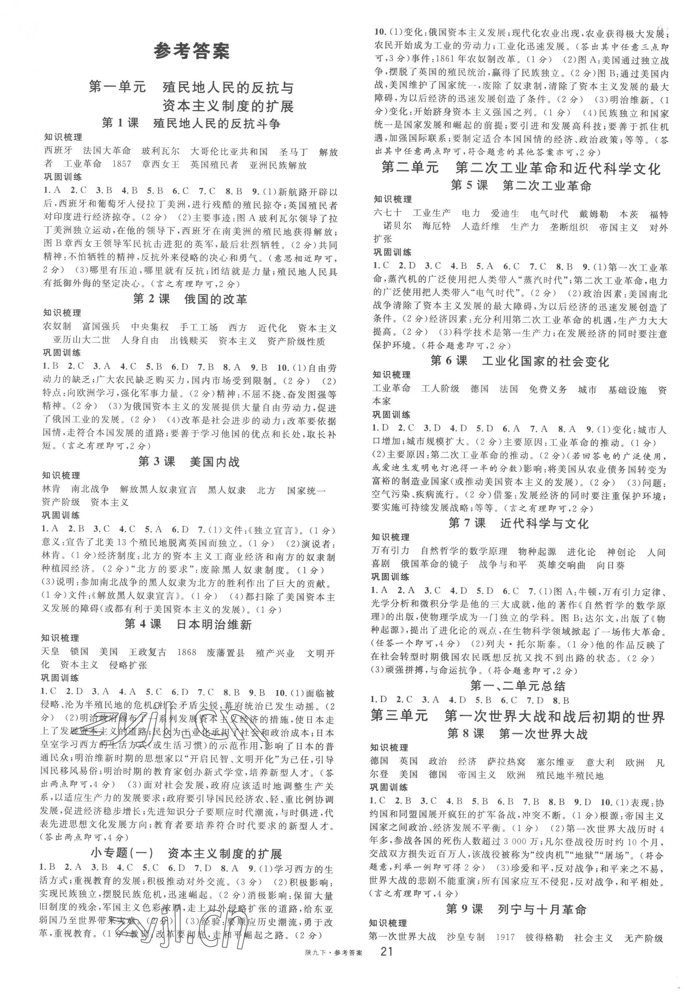 2023年名校課堂九年級歷史下冊人教版陜西專版 第1頁