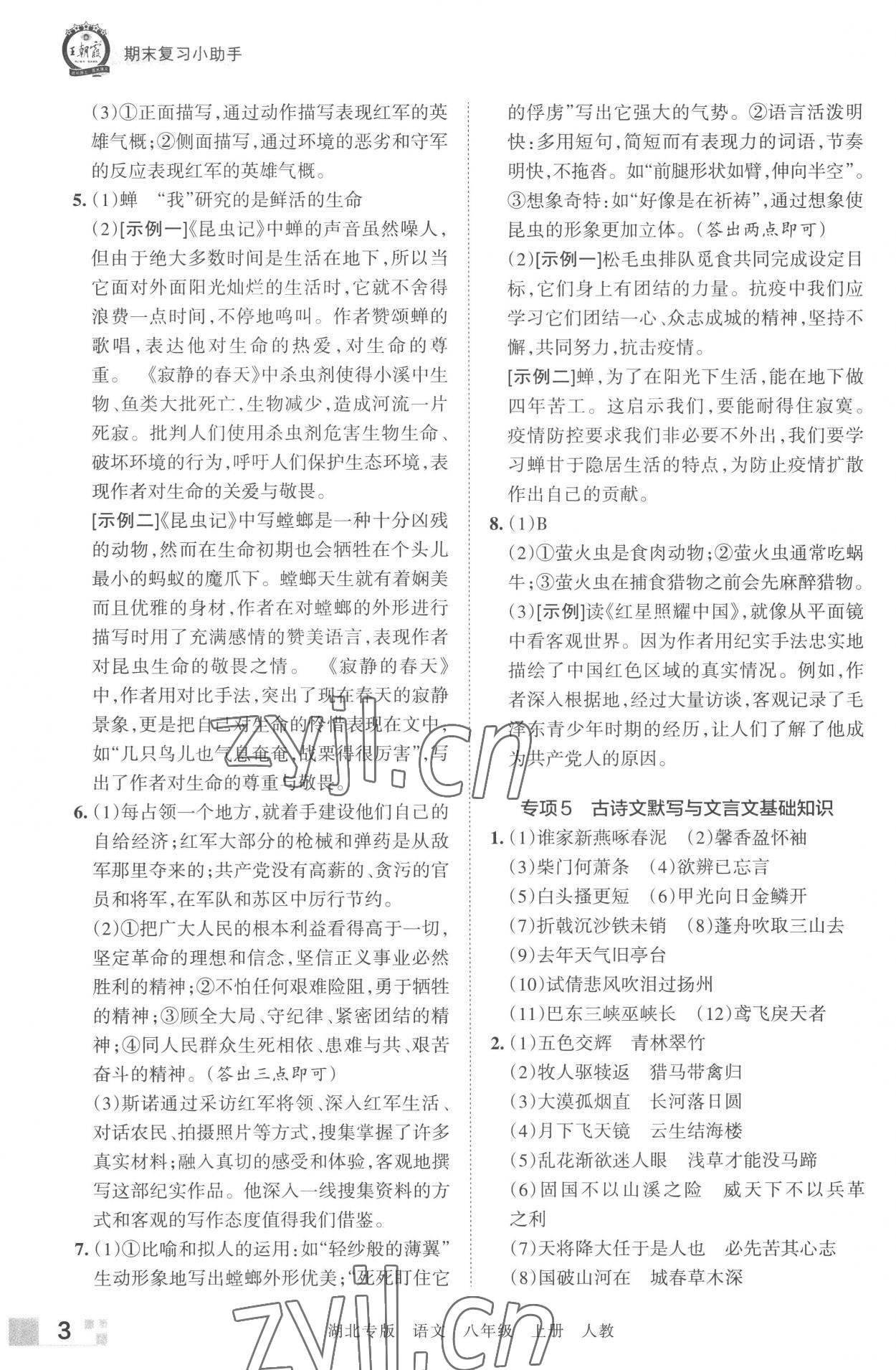 2022年王朝霞各地期末試卷精選八年級語文上冊人教版湖北專版 參考答案第3頁