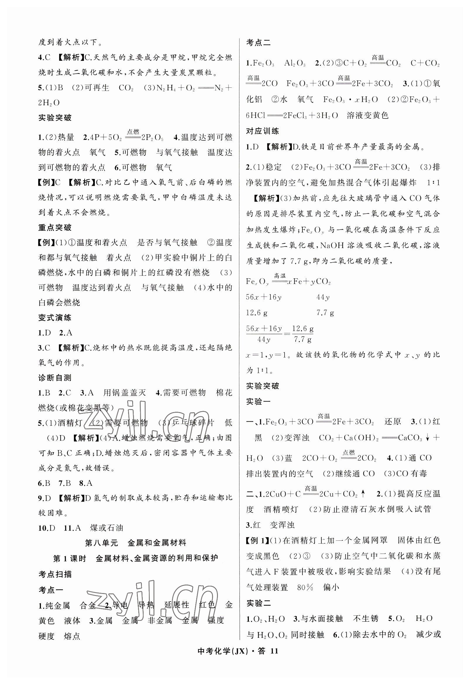 2023年名师面对面中考满分特训方案化学江西专版 参考答案第11页