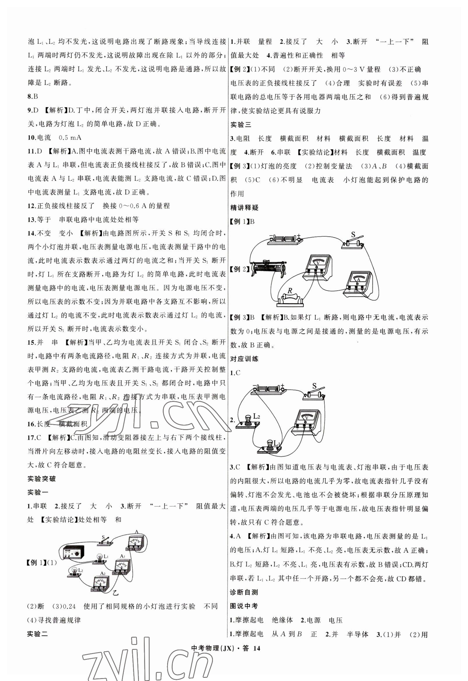 2023年名師面對(duì)面中考滿分特訓(xùn)方案物理江西專版 參考答案第14頁