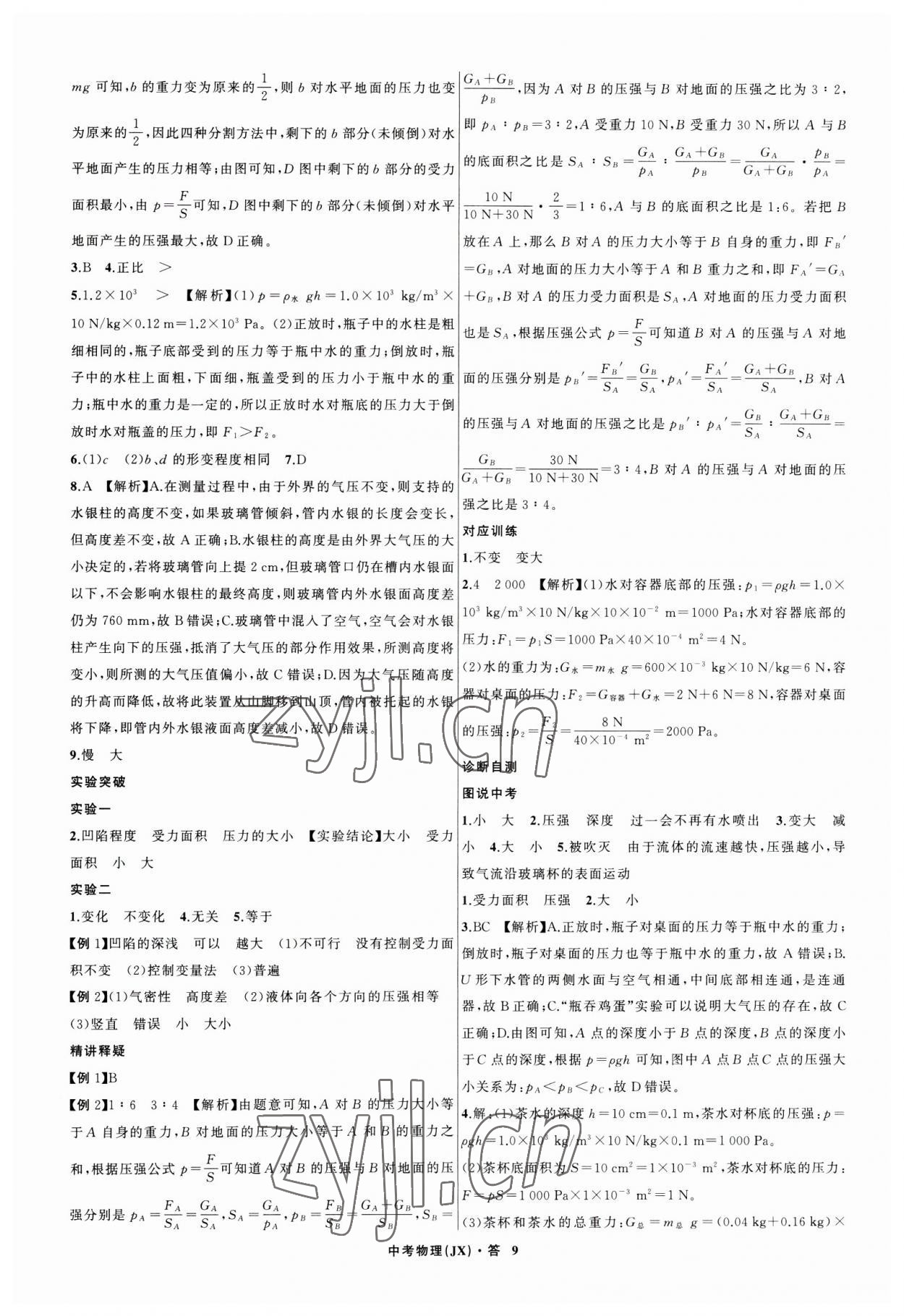 2023年名師面對面中考滿分特訓(xùn)方案物理江西專版 參考答案第9頁