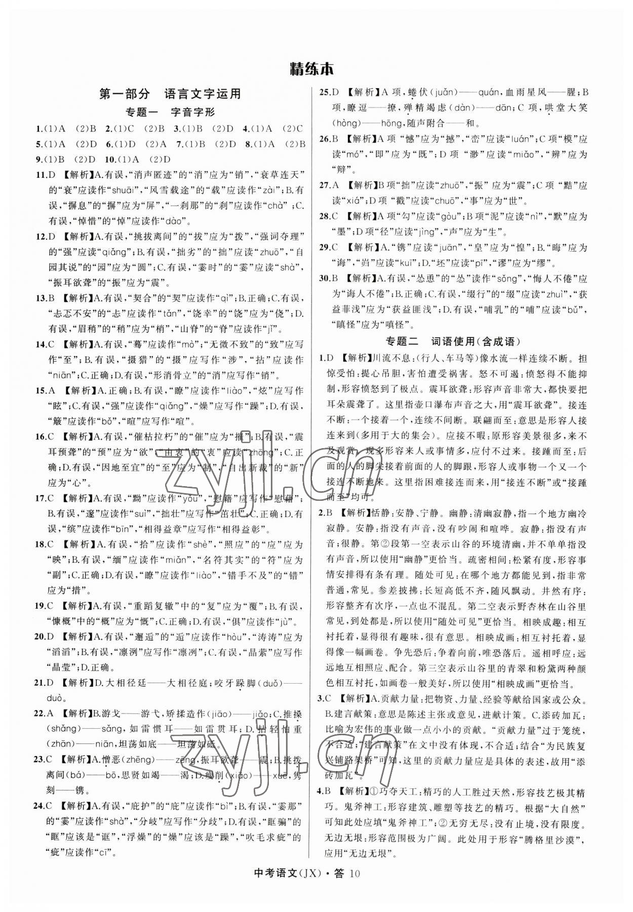 2023年名師面對面中考滿分特訓(xùn)方案語文江西專版 參考答案第10頁