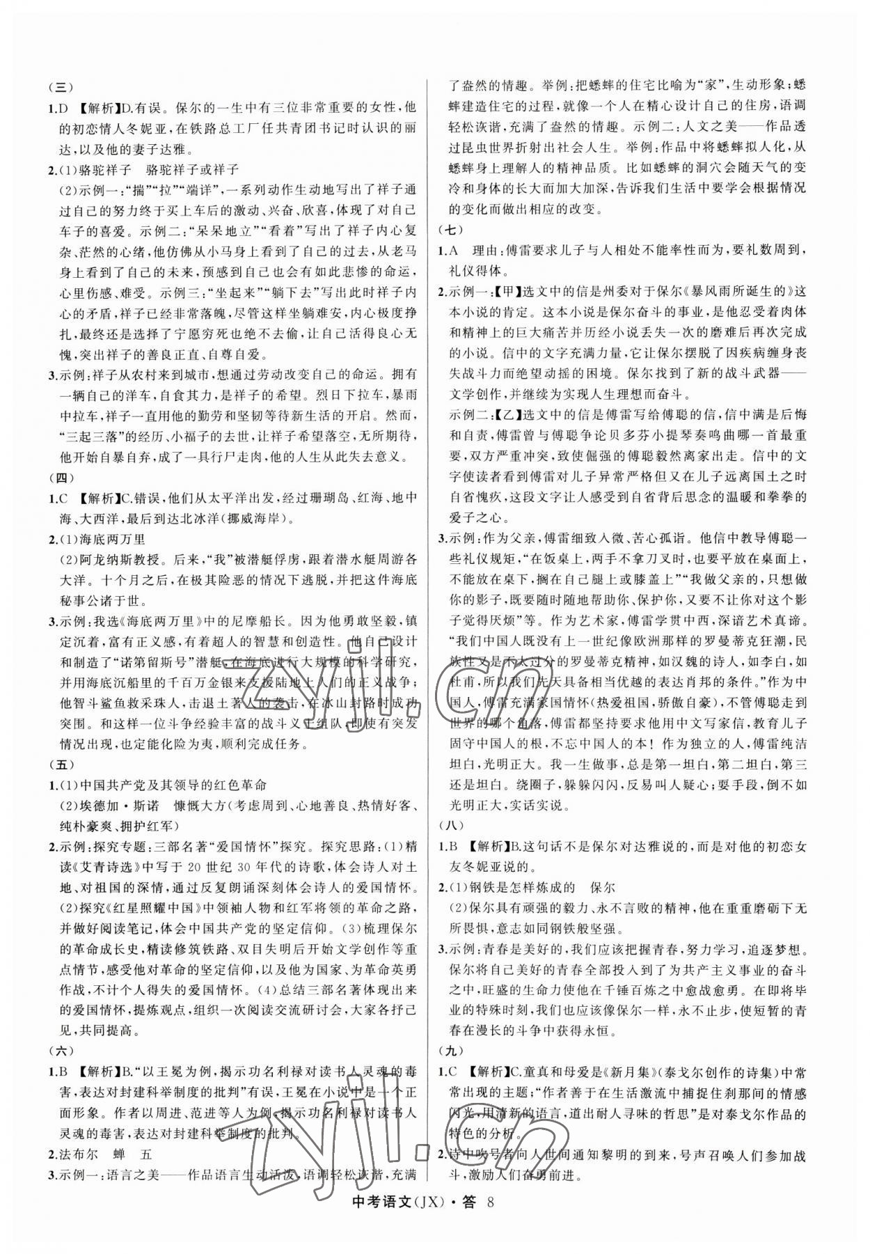 2023年名师面对面中考满分特训方案语文江西专版 参考答案第8页