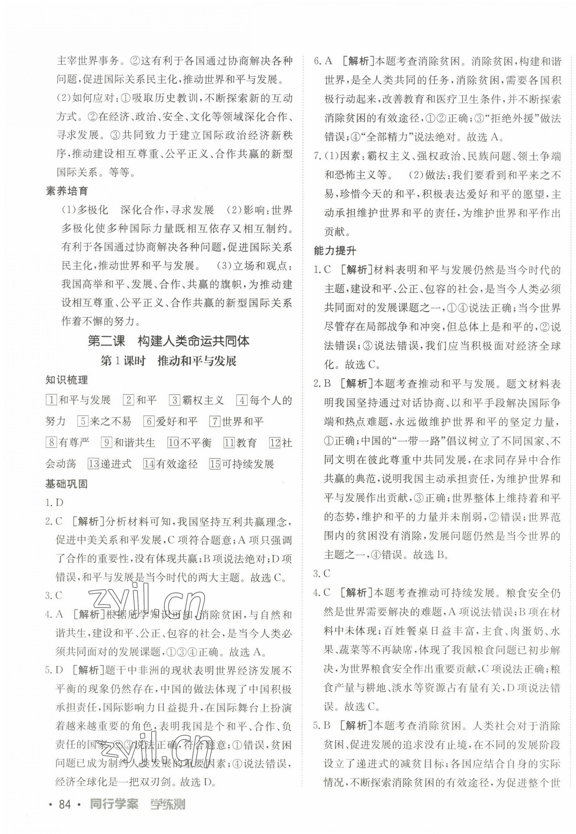 2023年同行學(xué)案學(xué)練測九年級道德與法治下冊人教版 參考答案第3頁