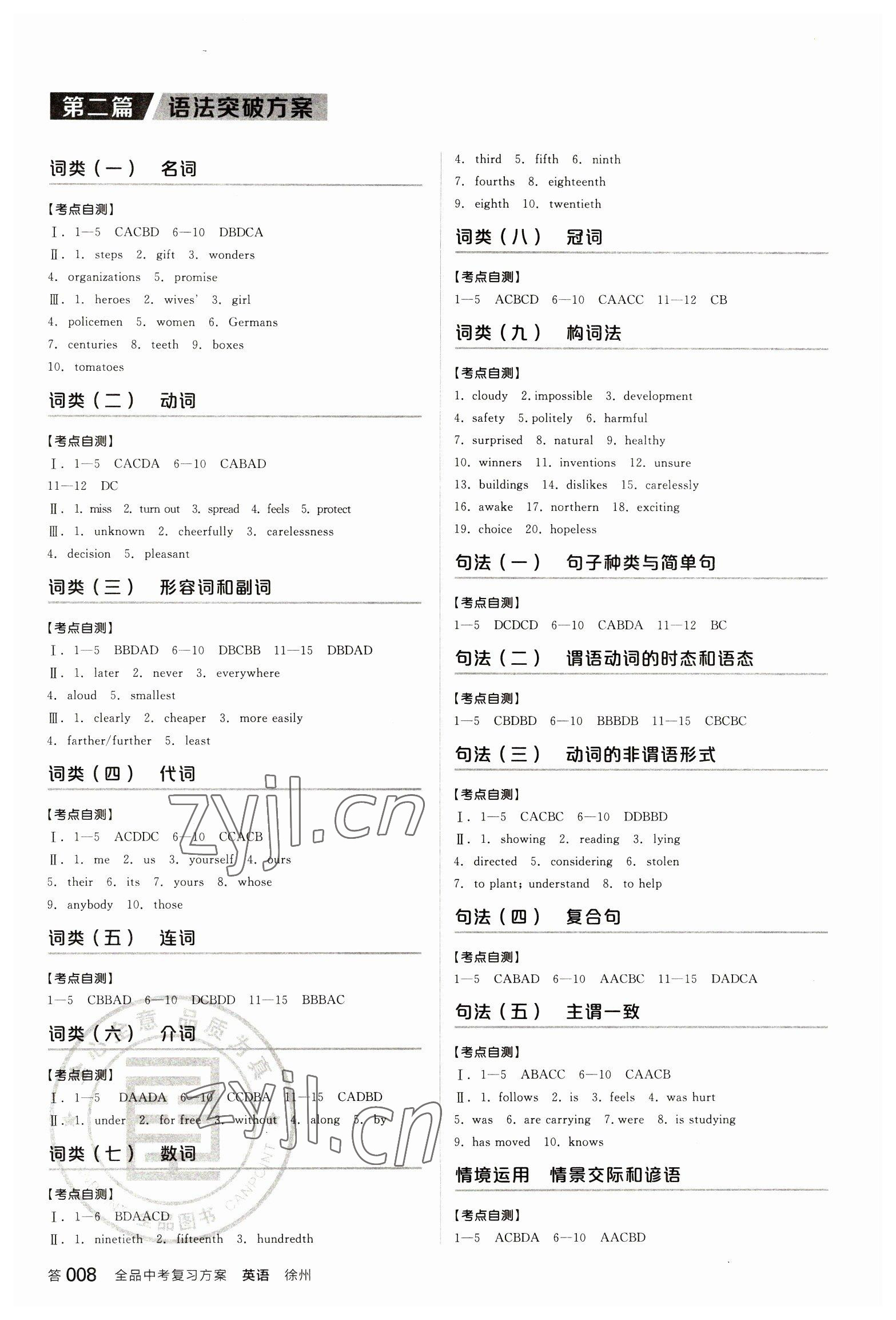 2023年全品中考复习方案英语听课手册徐州专版 参考答案第7页