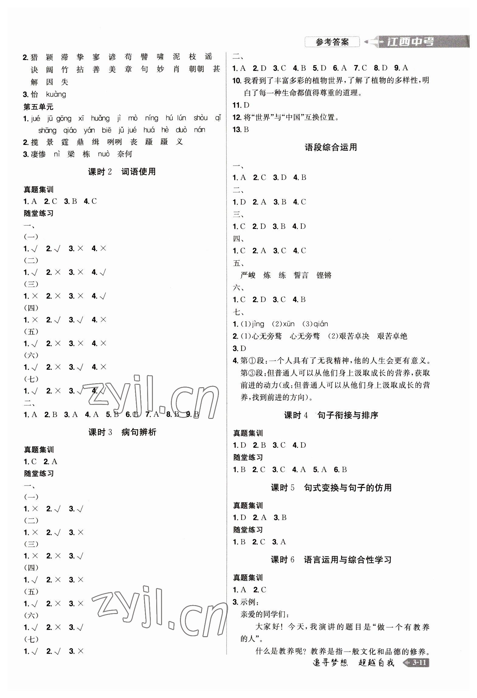 2023年追擊中考語文江西專版 參考答案第3頁