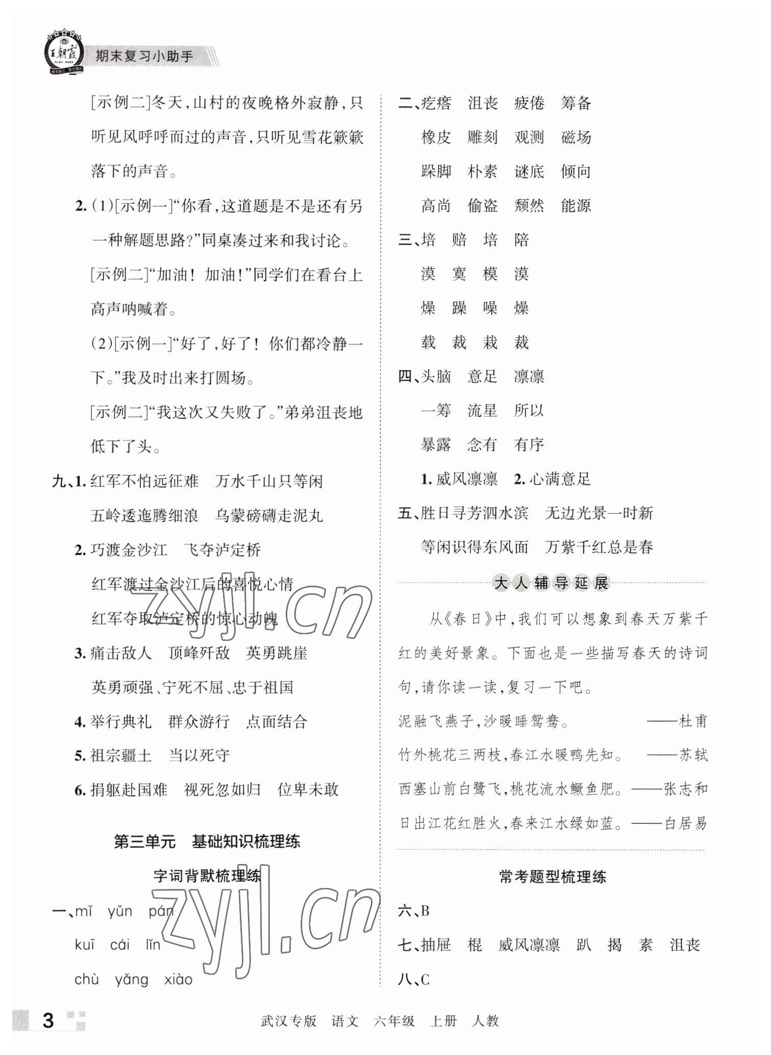 2022年王朝霞期末真題精編六年級(jí)語文上冊(cè)人教版武漢專版 參考答案第3頁