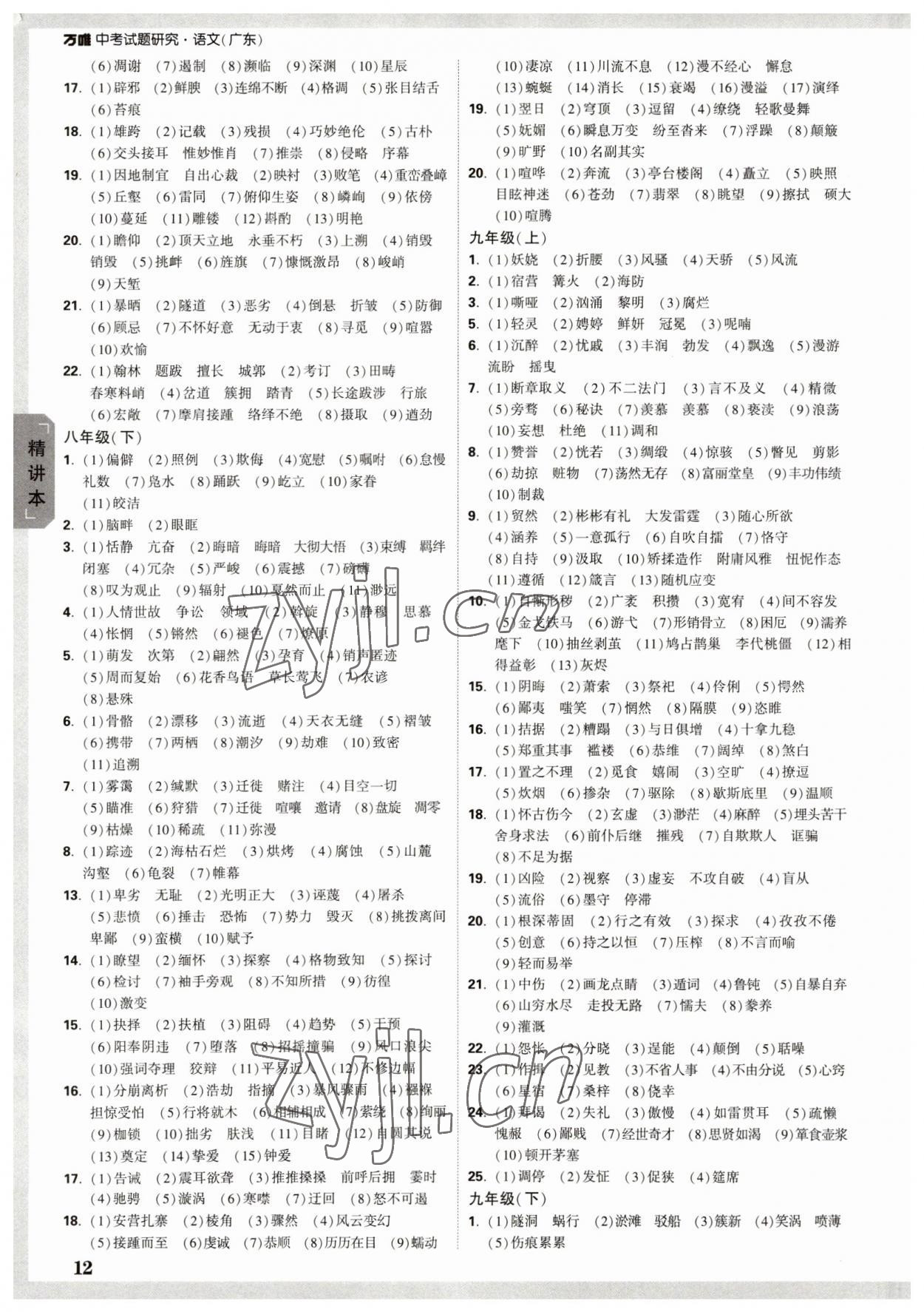 2023年万唯中考试题研究语文广东专版 参考答案第12页