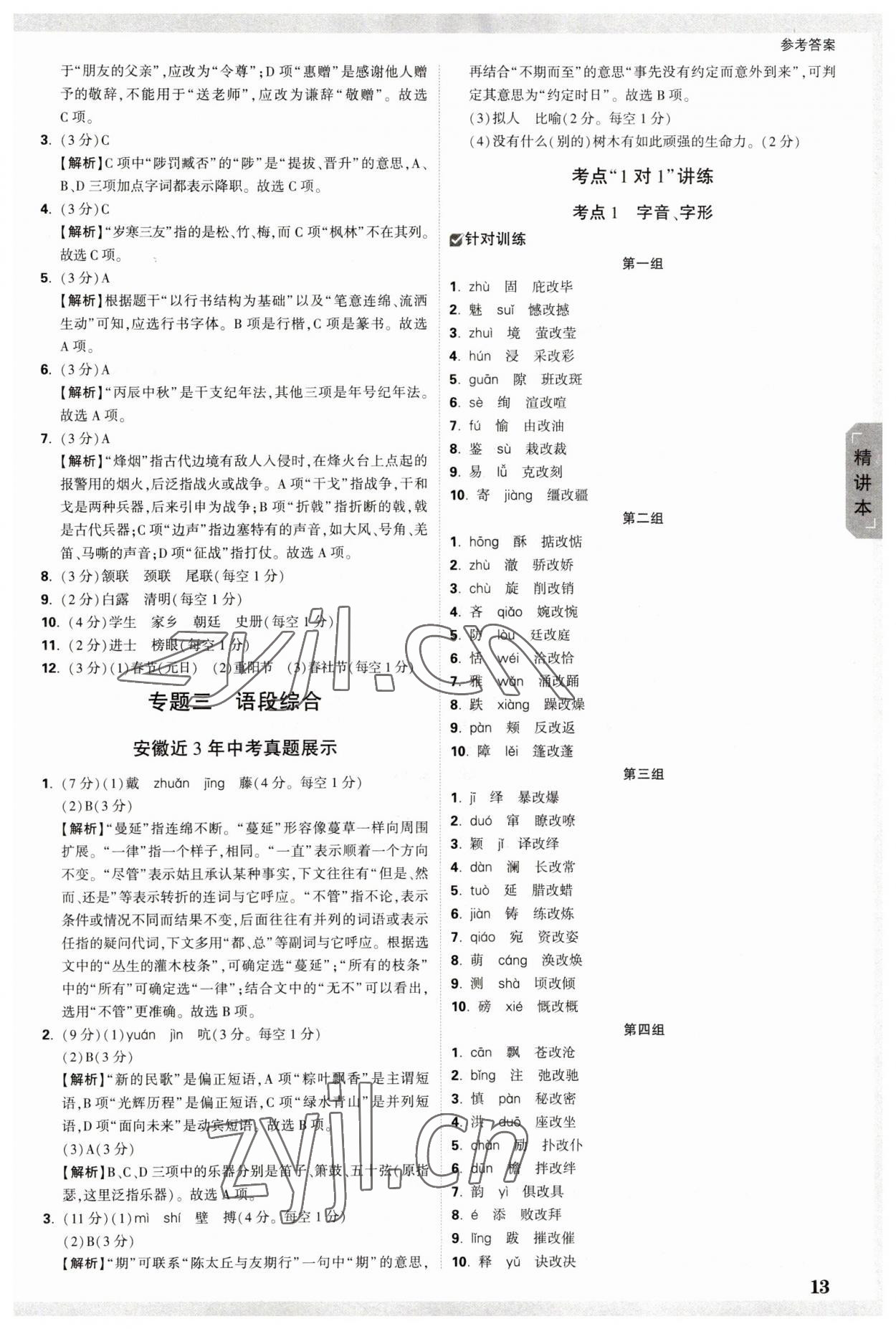 2023年万唯中考试题研究语文中考安徽专版 参考答案第13页