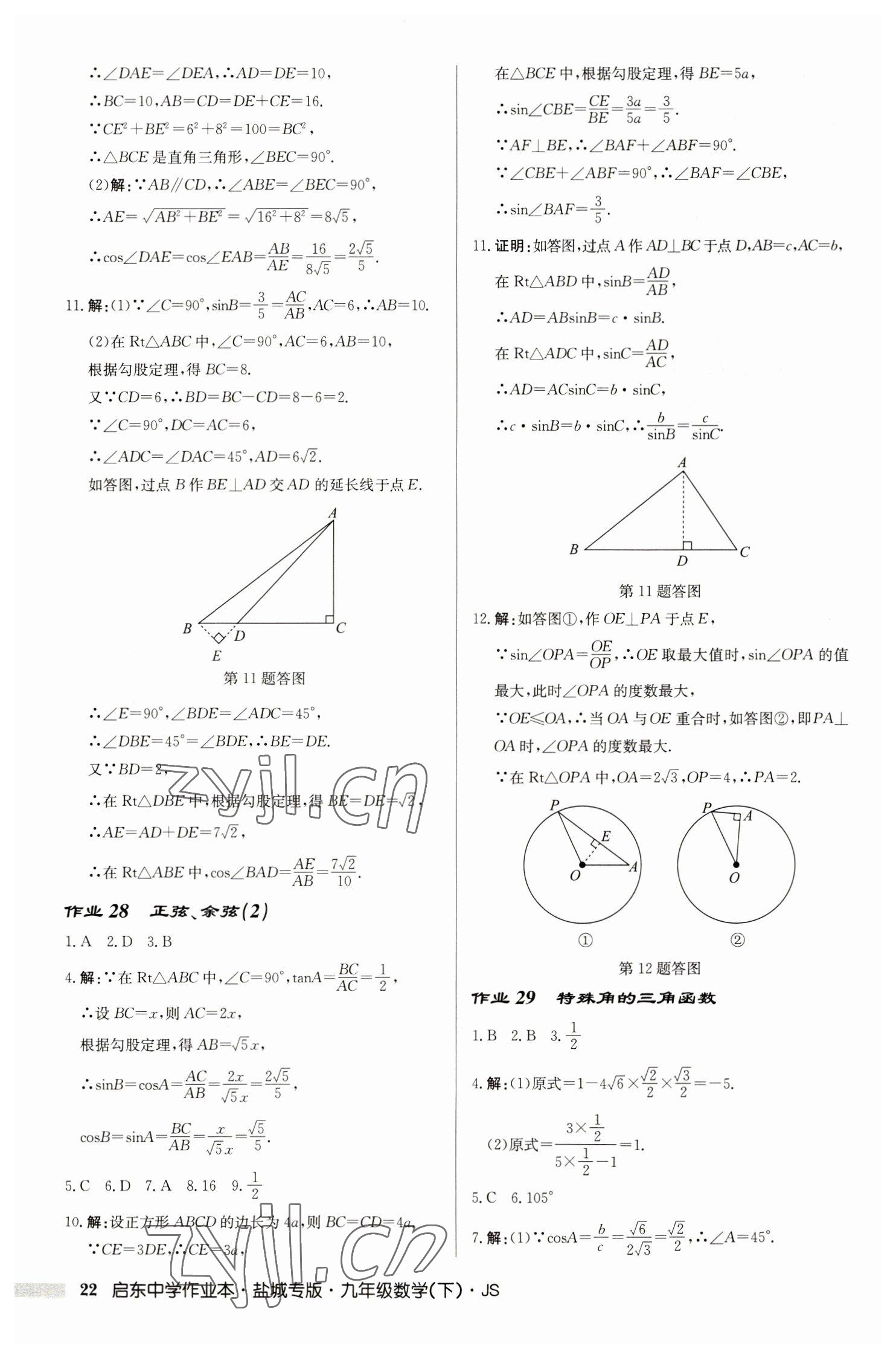 2023年啟東中學(xué)作業(yè)本九年級(jí)數(shù)學(xué)下冊(cè)蘇科版鹽城專版 參考答案第22頁(yè)