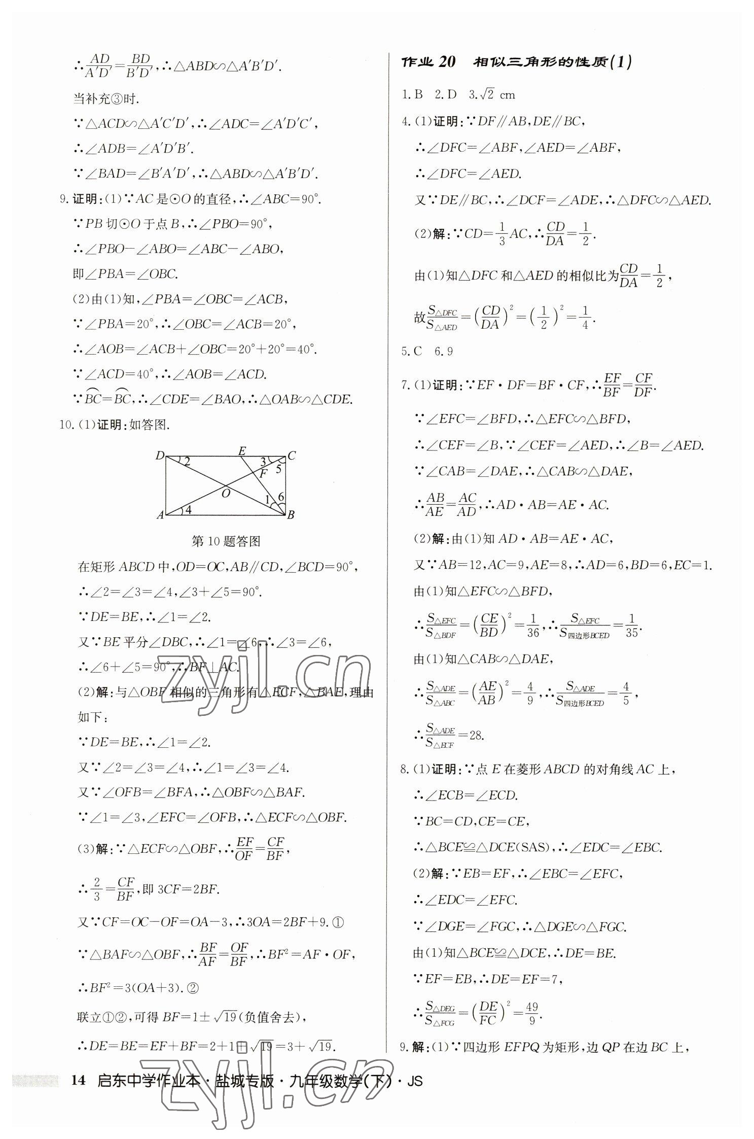 2023年啟東中學(xué)作業(yè)本九年級數(shù)學(xué)下冊蘇科版鹽城專版 參考答案第14頁