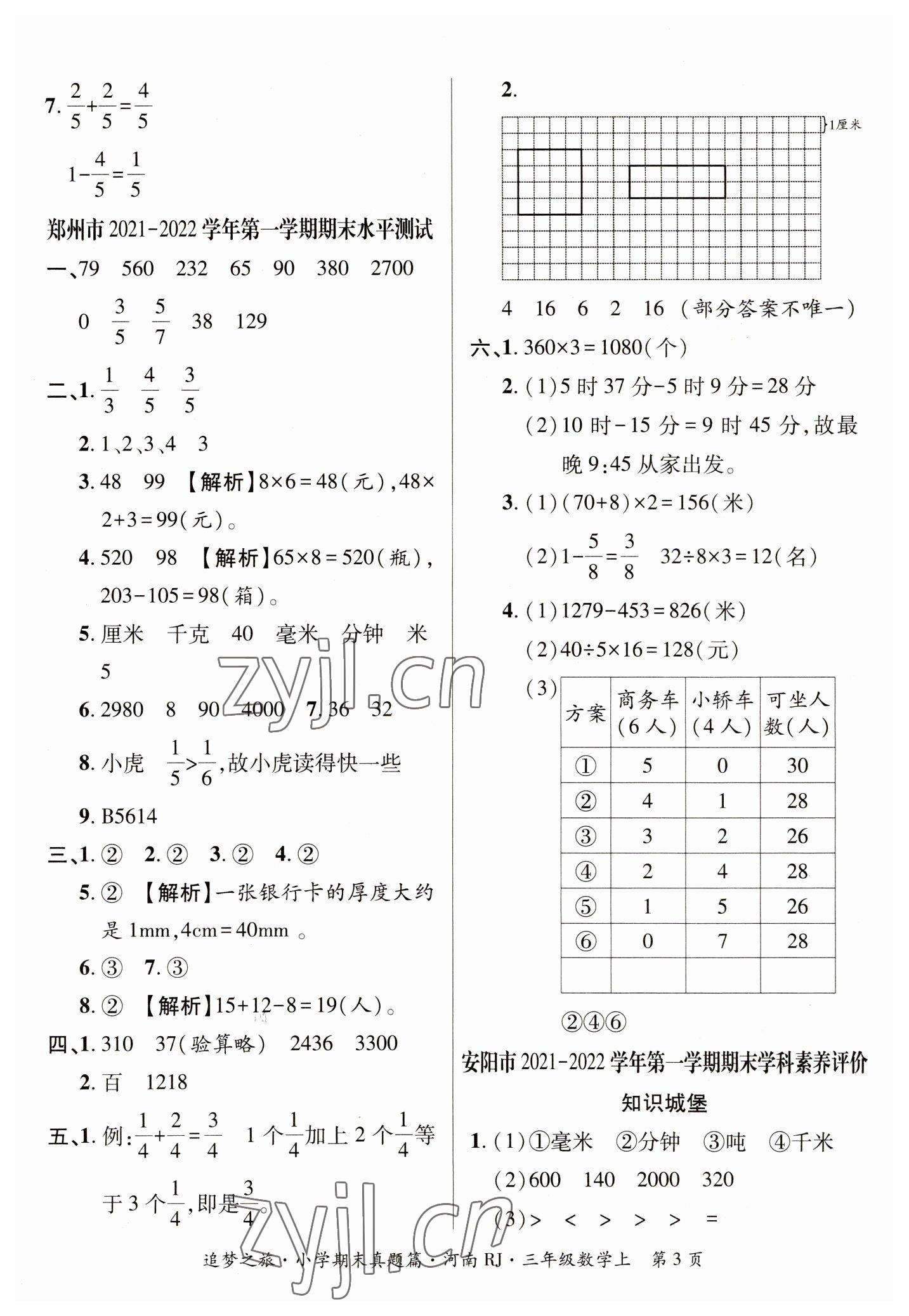 2022年追夢之旅小學(xué)期末真題篇三年級數(shù)學(xué)上冊人教版河南專版 參考答案第3頁