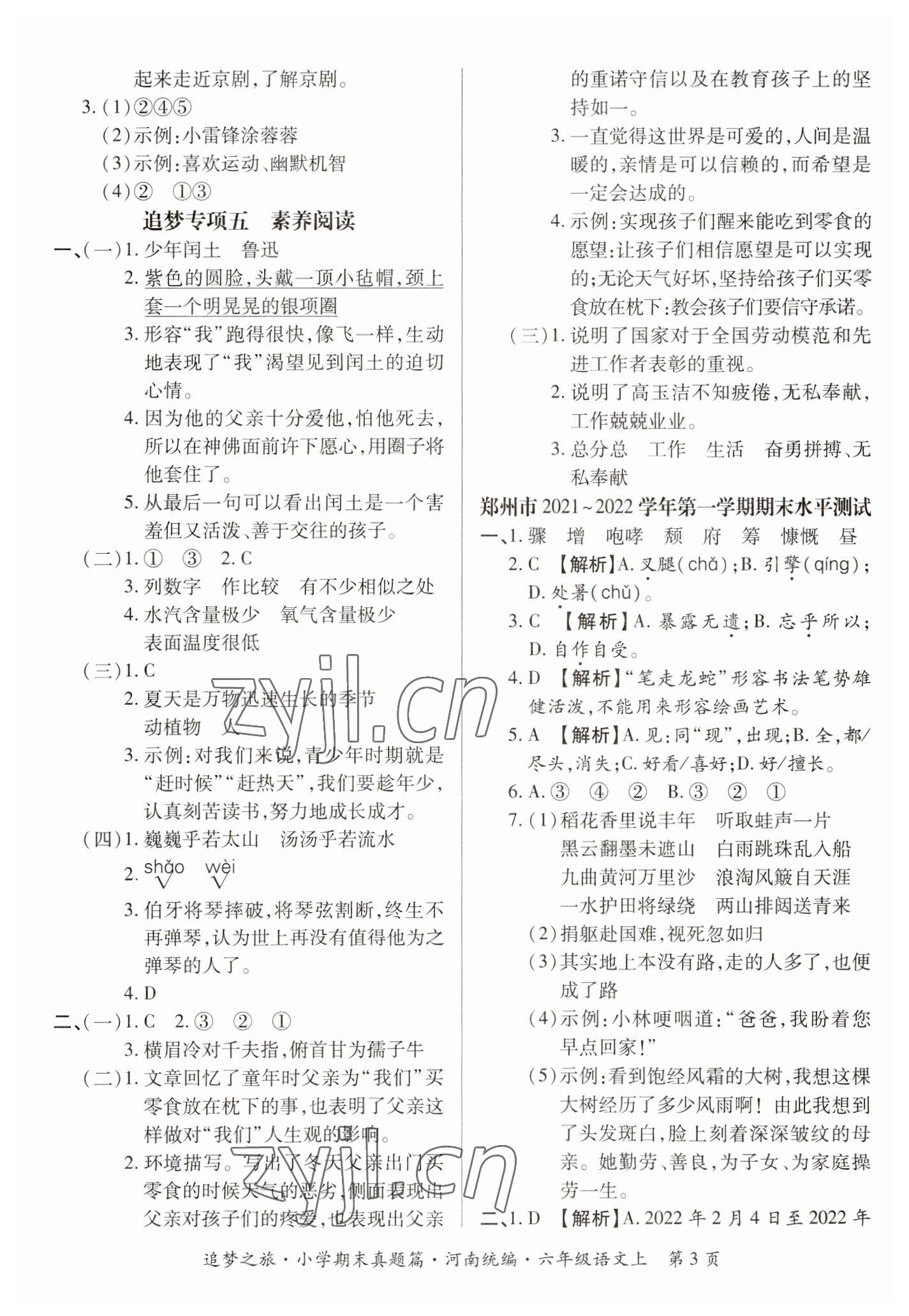 2022年追夢之旅小學(xué)期末真題篇六年級語文上冊人教版河南專版 參考答案第3頁