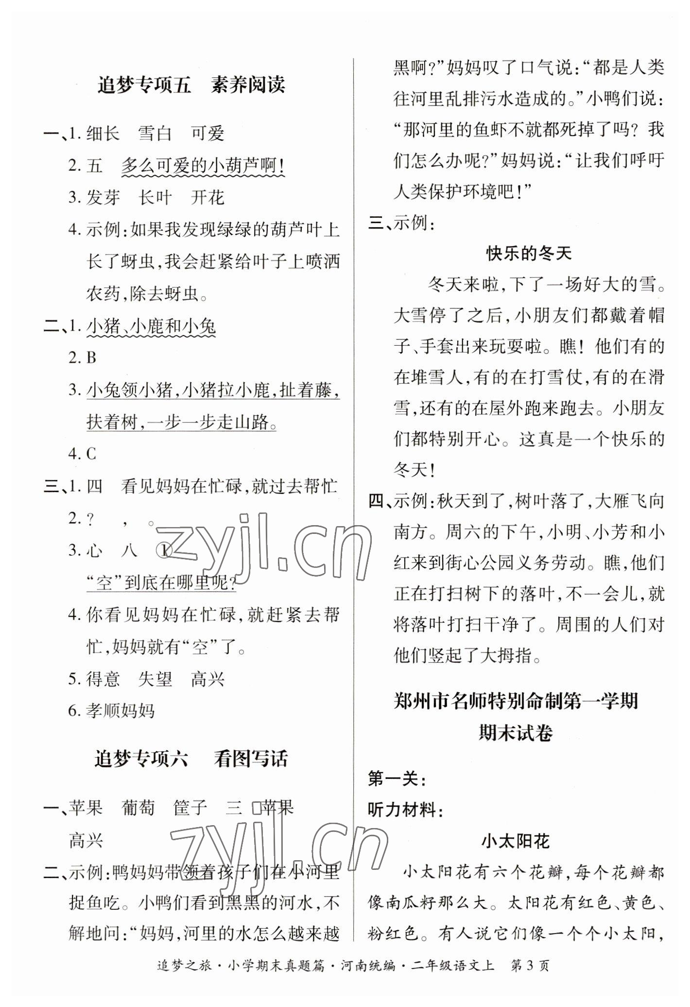 2022年追夢之旅小學(xué)期末真題篇二年級語文上冊人教版河南專版 參考答案第3頁