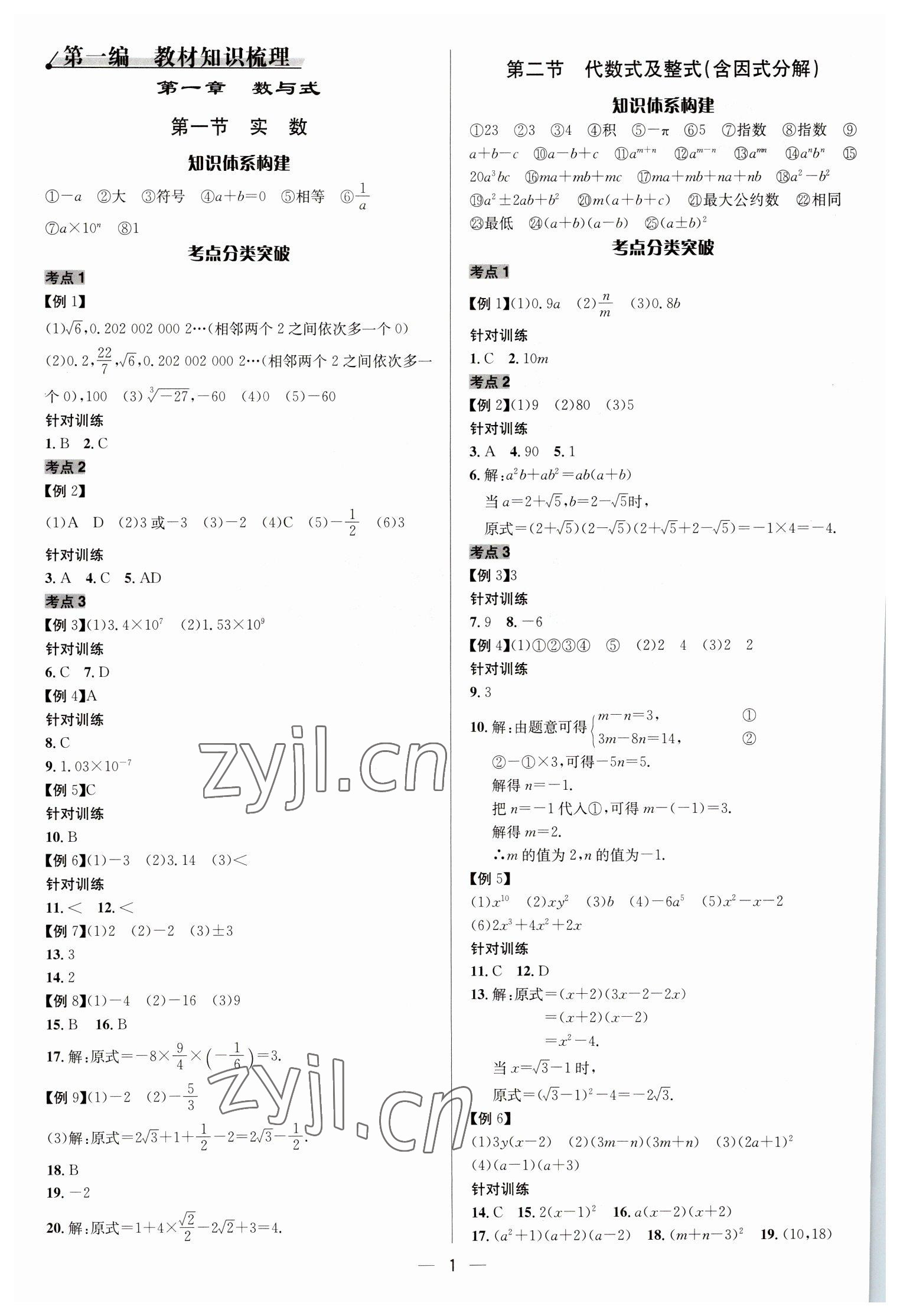 2023年中考對策數學泰安專版 參考答案第1頁