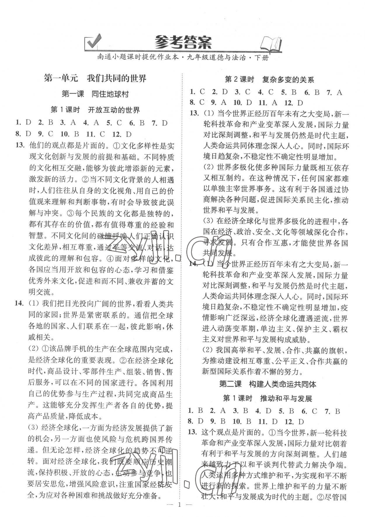 2023年南通小題課時(shí)提優(yōu)作業(yè)本九年級道德與法治下冊人教版 第1頁