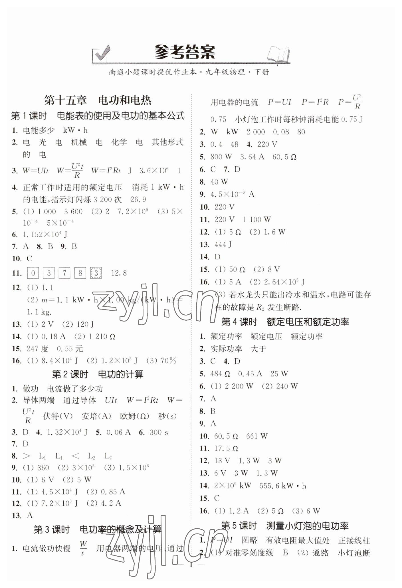 2023年南通小题课时提优作业本九年级物理下册江苏版 第1页