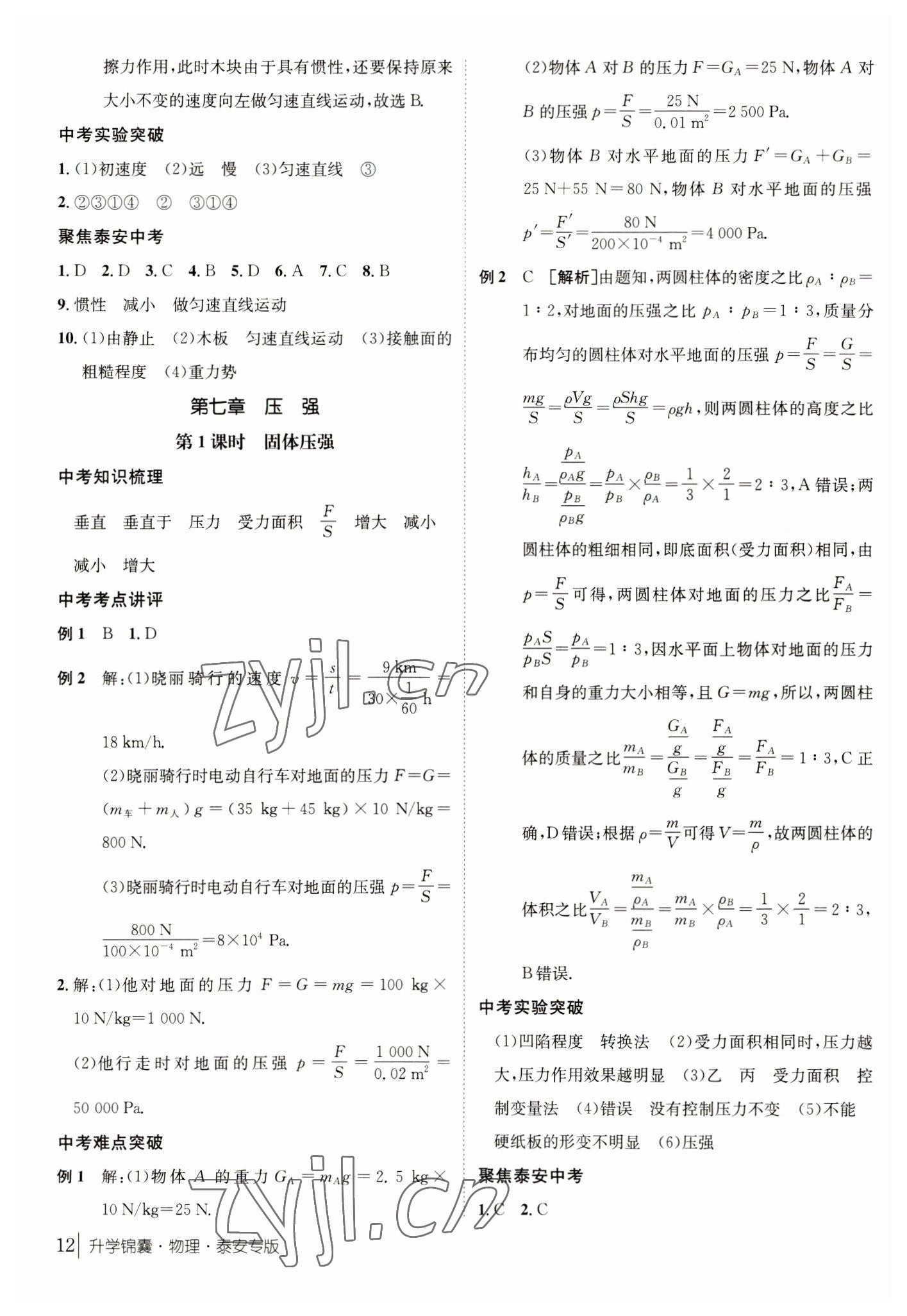 2023年升學(xué)錦囊物理泰安專(zhuān)版 參考答案第12頁(yè)