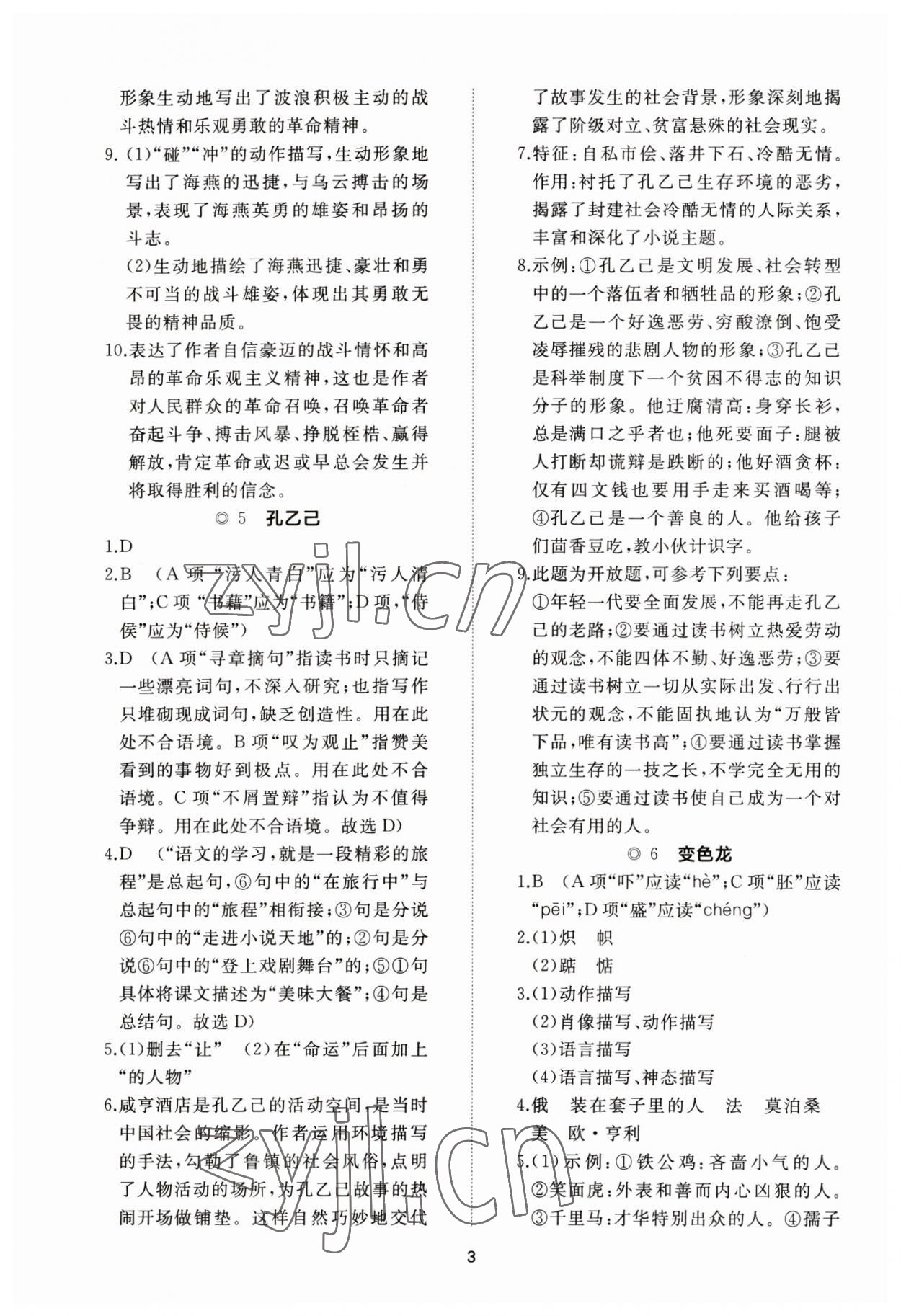 2023年伴你学同步练习册智慧作业九年级语文下册人教版 参考答案第3页