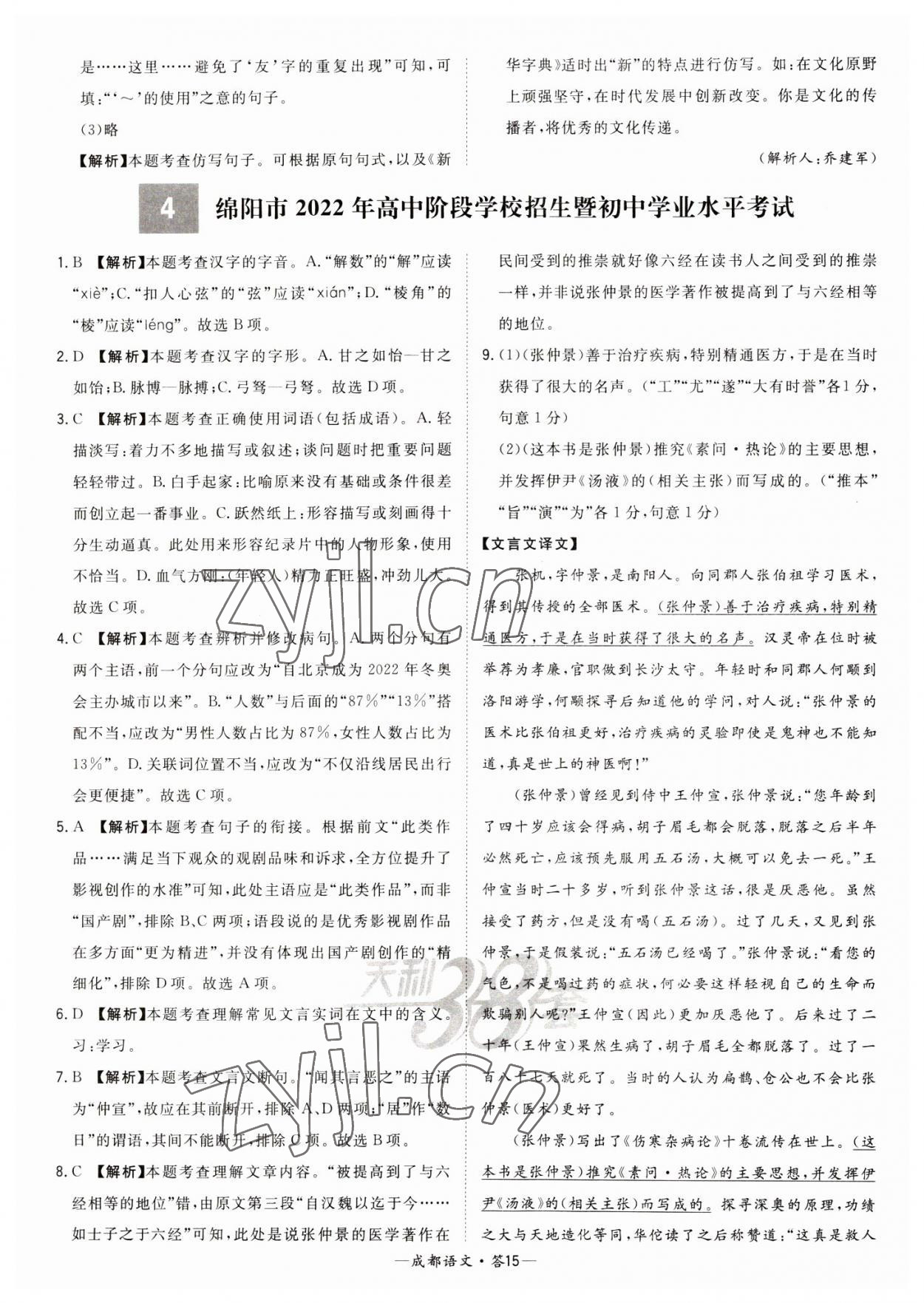 2023年天利38套中考试题精选语文成都专版 参考答案第15页