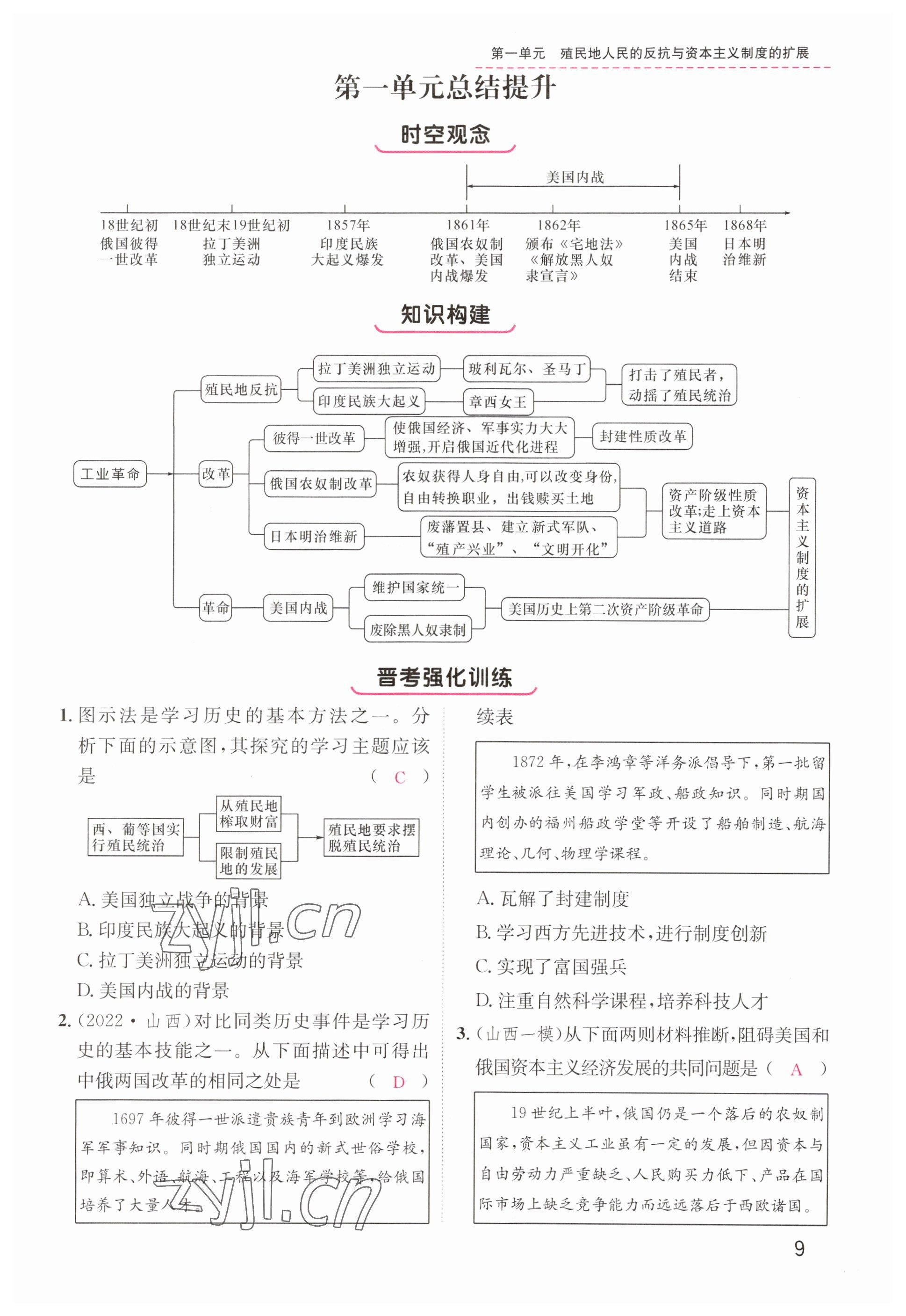 2023年名师测控九年级历史下册人教版山西专版 参考答案第9页