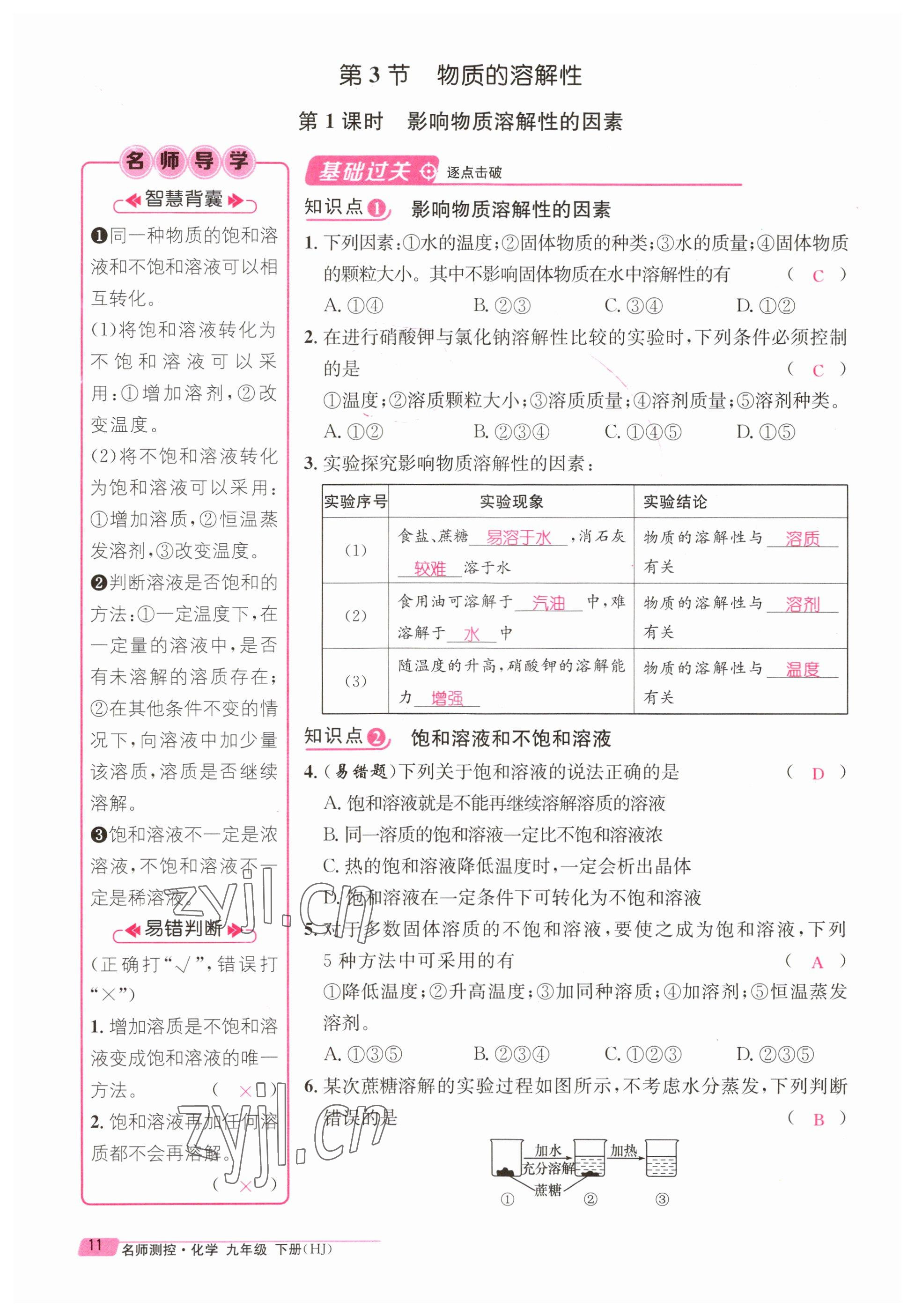 2023年名师测控九年级化学下册沪教版 参考答案第11页