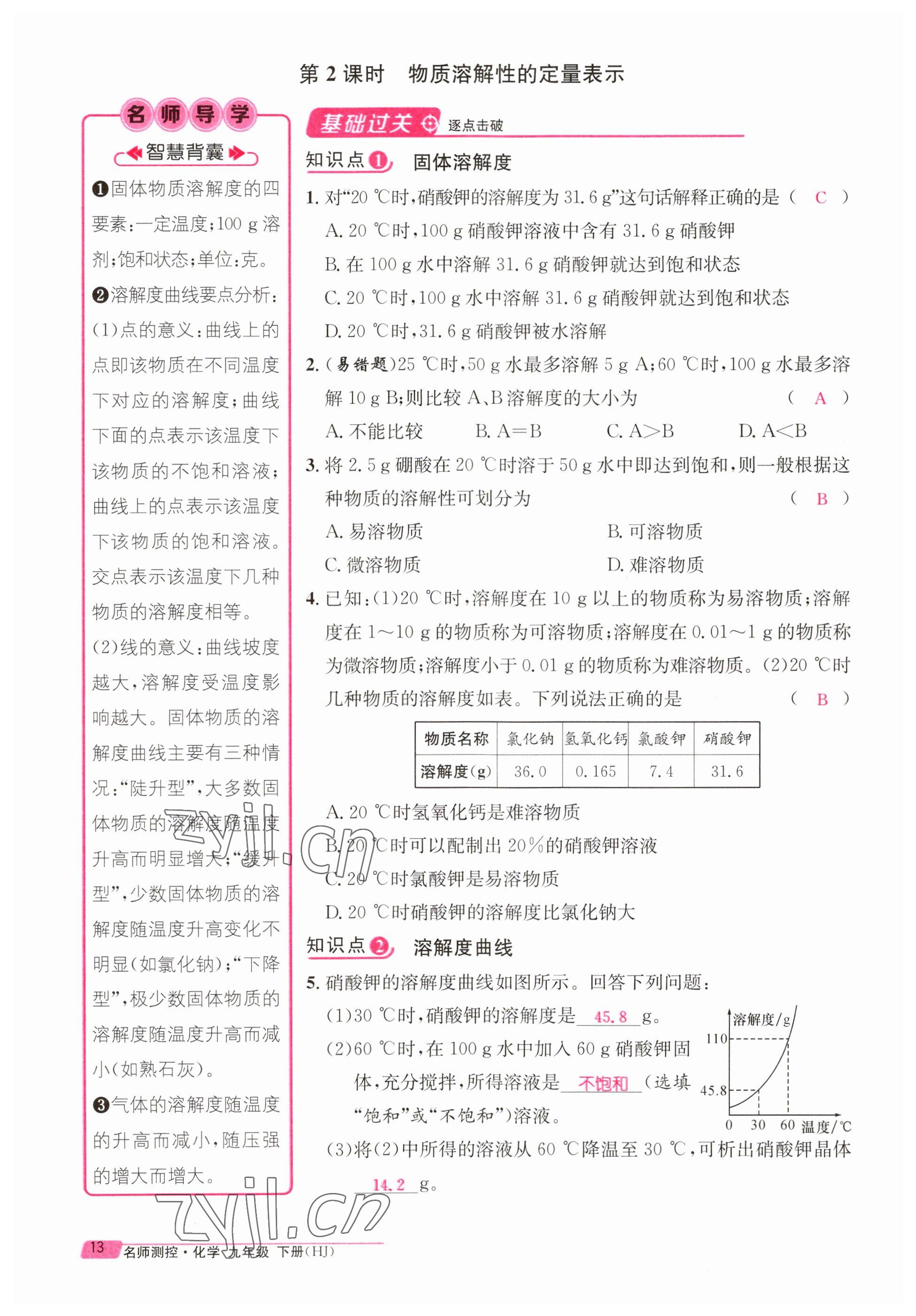 2023年名师测控九年级化学下册沪教版 参考答案第13页