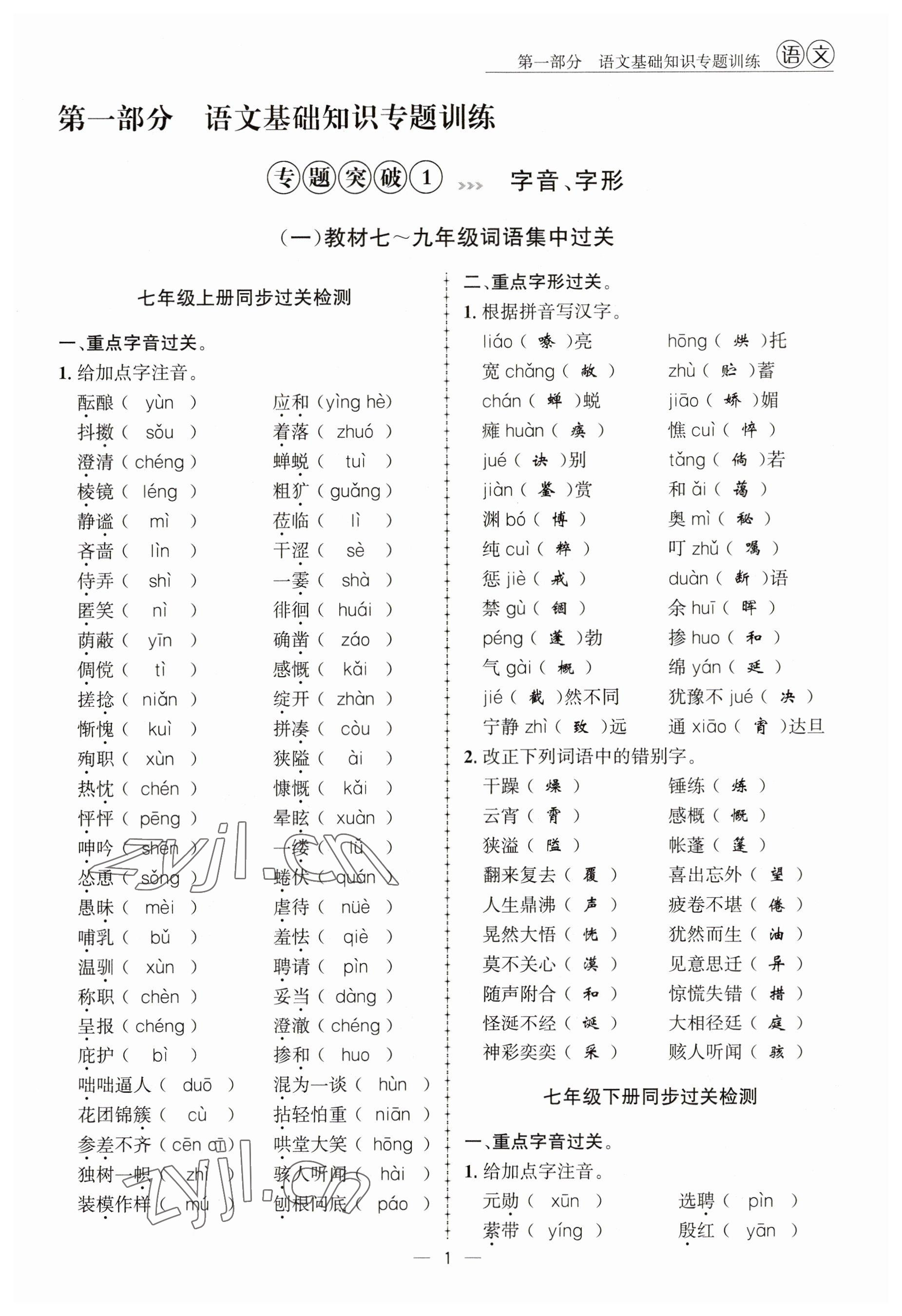 2023年试题突破中考全接触语文四川专版 参考答案第1页