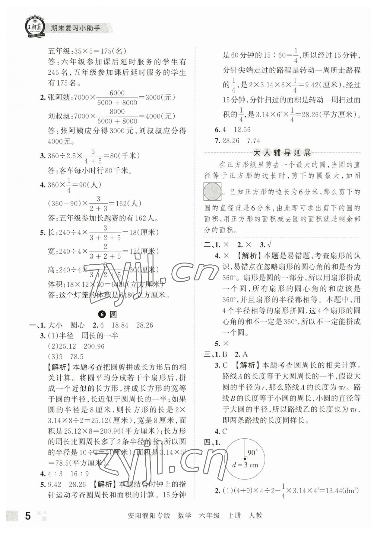 2022年王朝霞期末真題精編六年級數(shù)學(xué)上冊人教版安濮專版 參考答案第5頁