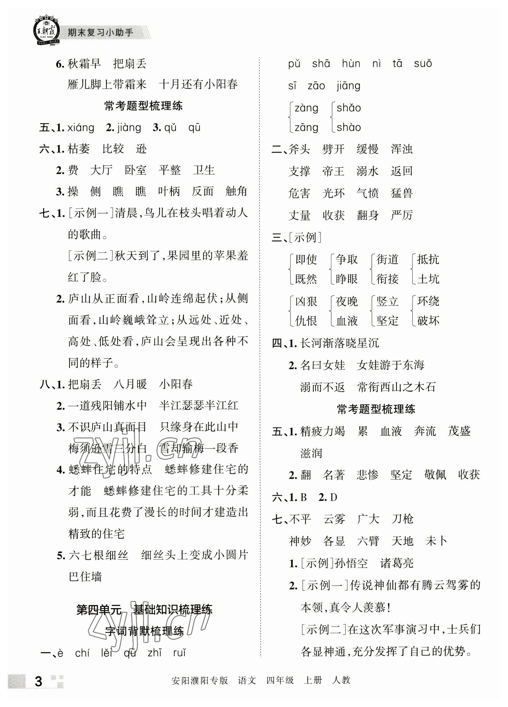 2022年王朝霞期末真題精編四年級語文上冊人教版安陽濮陽專版 參考答案第3頁